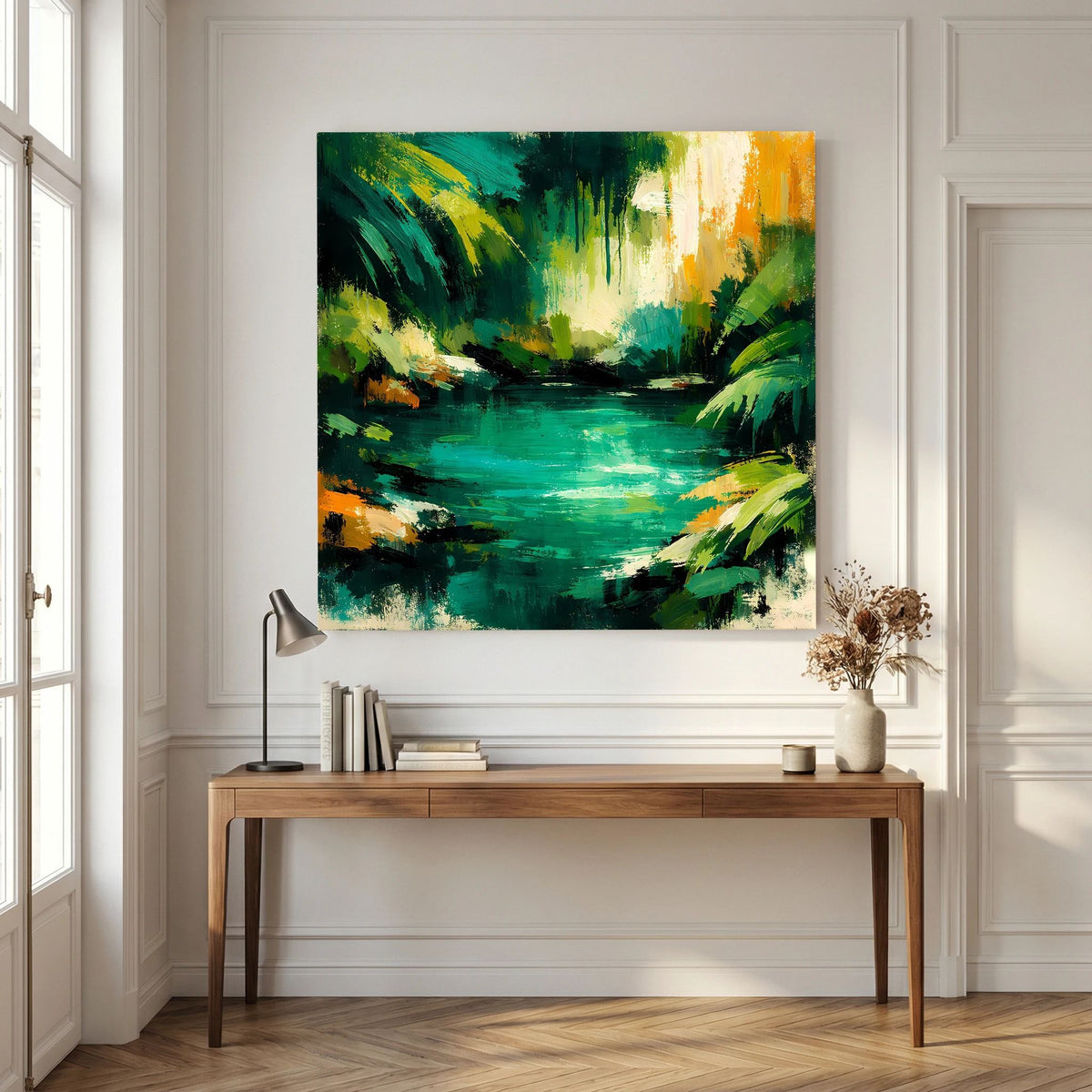 Leinwand Abstraktes Dschungelgewässer | Modernes Urwald Wandbild Smaragdgrün