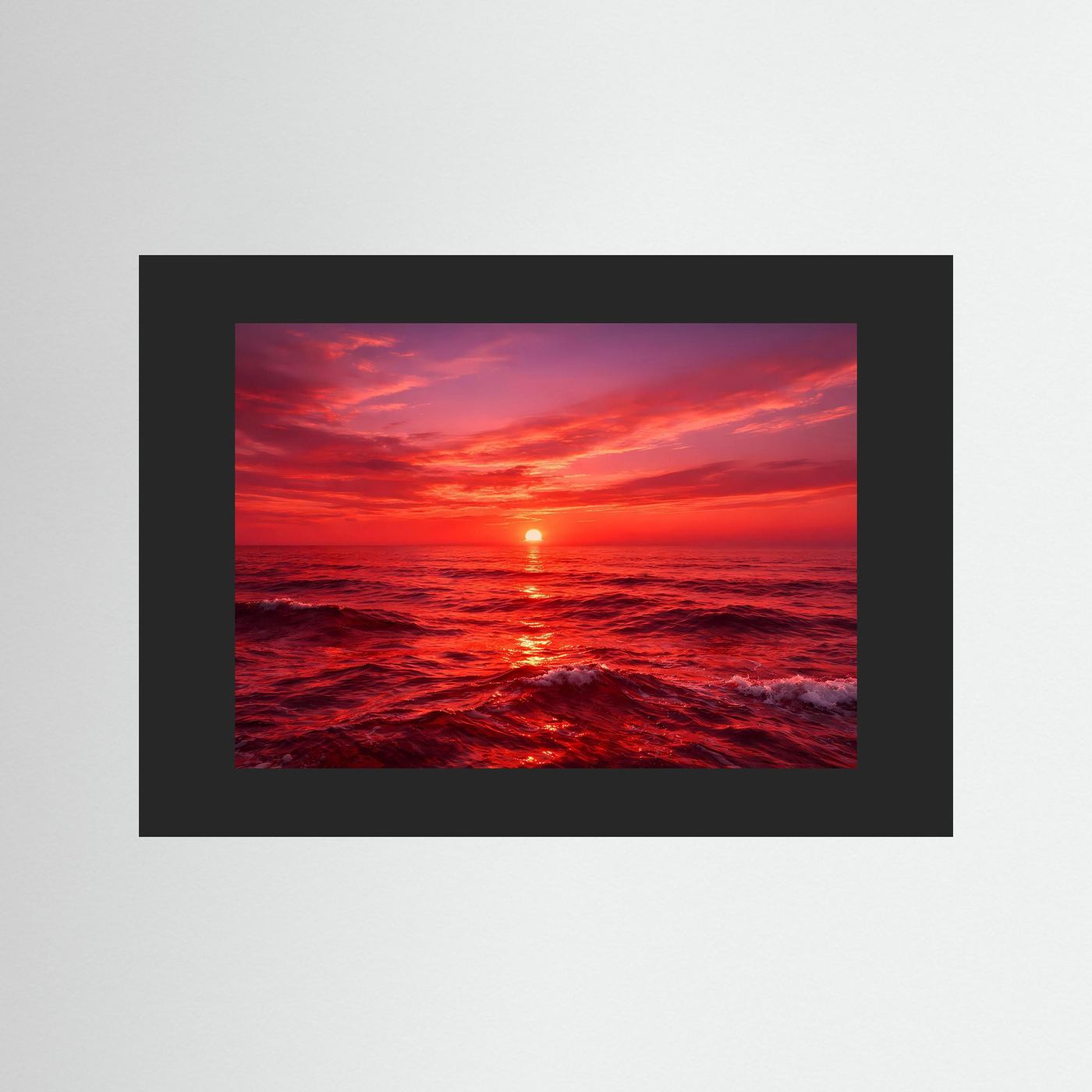 Wandposter mit schwarzem Rahmen, Sonnenuntergang über dem Meer mit roter Sonne