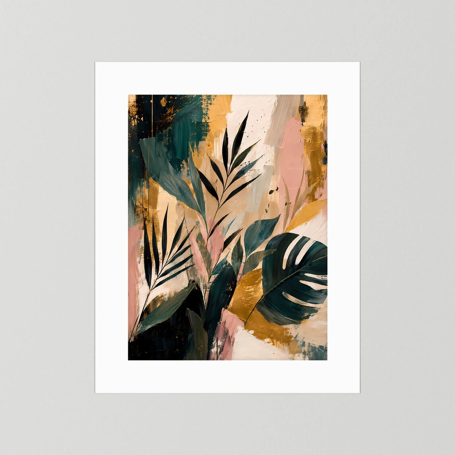 Abstrakte tropische Blätter | Botanische Kunst in Petrol, Rosa und Gold | Poster Hochformat