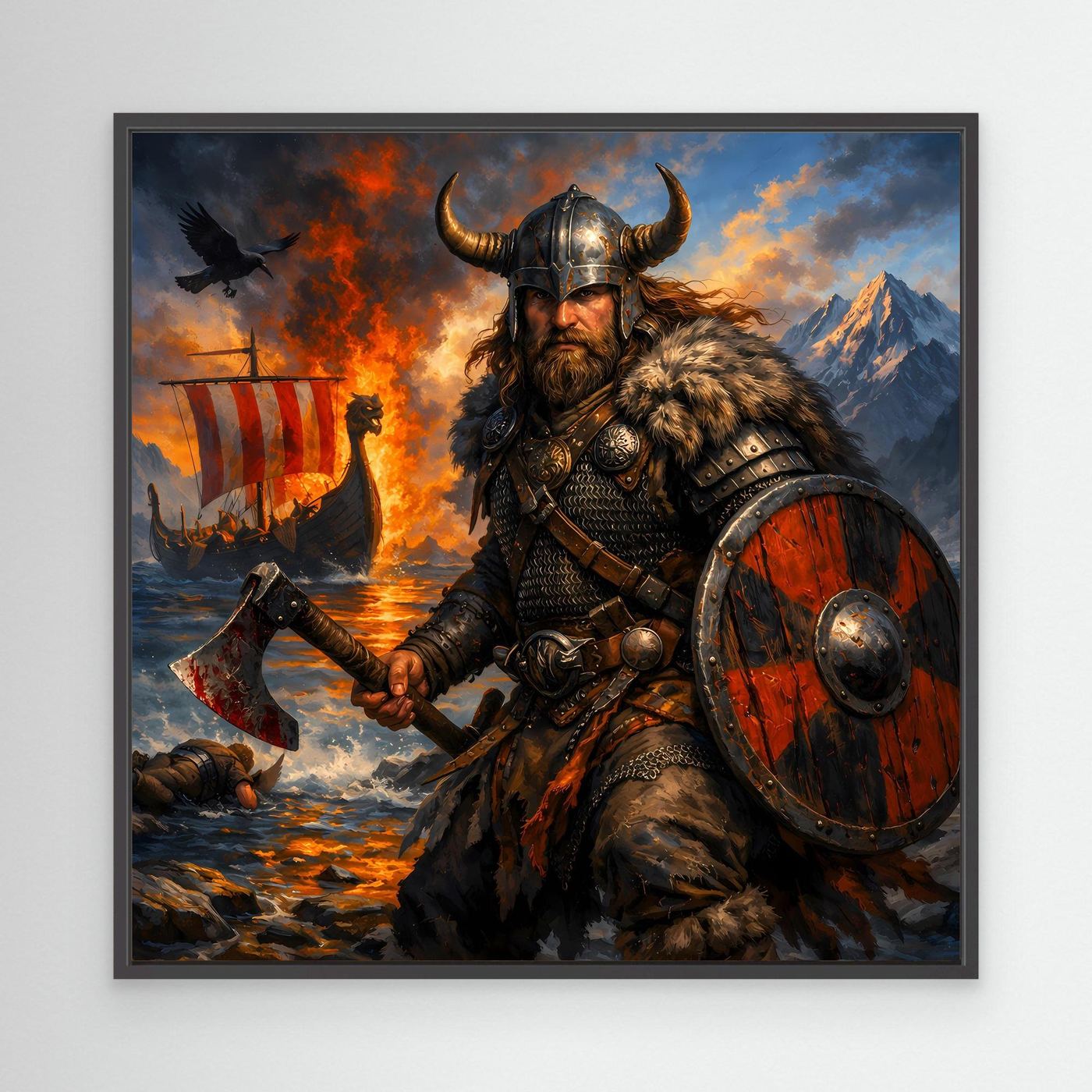 Leinwand Epischer Wikinger-Krieger an der Küste | Modernes Nordisches Wandbild