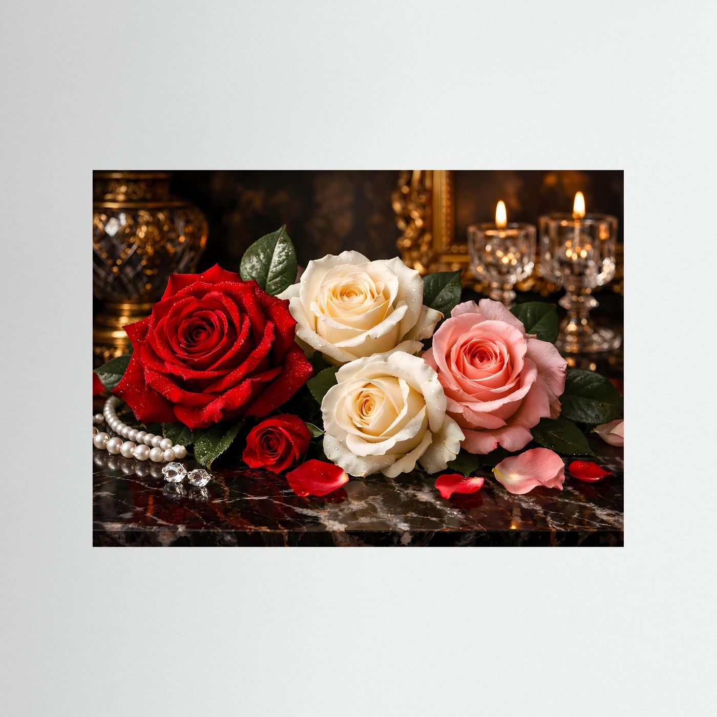 Blumenposter mit Rosen (rot, weiß, rosa), Kerzen und Perlen; schwarzer Rahmen