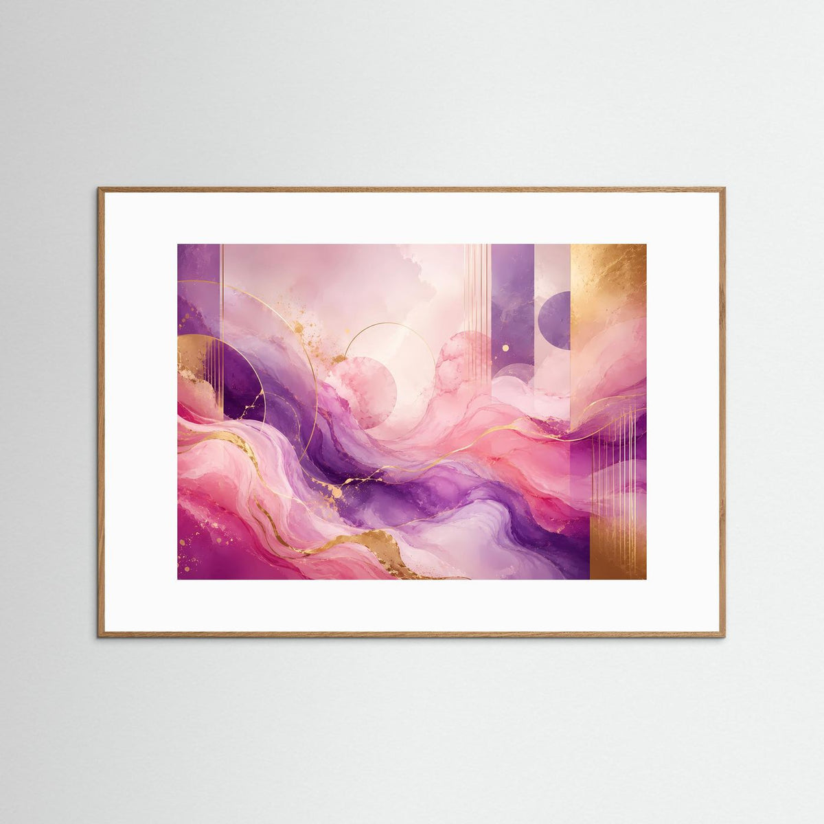 Gerahmtes Poster mit abstrakten Wellen in Pastellrosa und Violett, Goldakzenten, hellbraunes Rahmenprofil