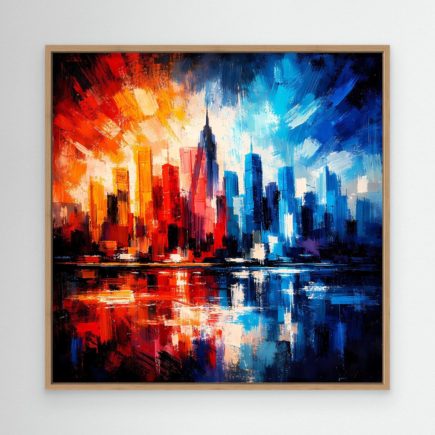 Leinwandbild mit abstrakter Skyline in Rot-, Blau- und Gelbtönen, Holzrahmen in Eiche.