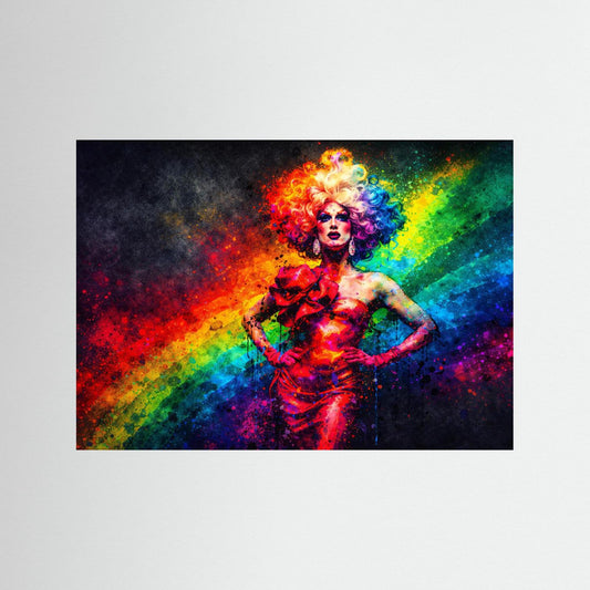Wandbild im Querformat: Pop-Art-Porträt einer Frau mit Regenbogen-Licht und bunten Sprenkeln