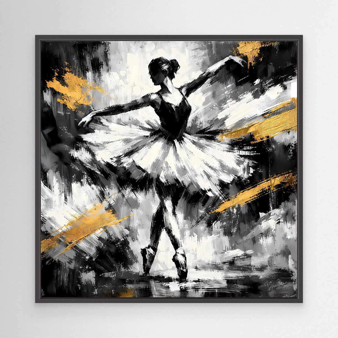 Abstraktes Leinwandbild mit Ballerina in Schwarz-Weiß mit goldenen Pinselstrichen, dunkler Rahmen