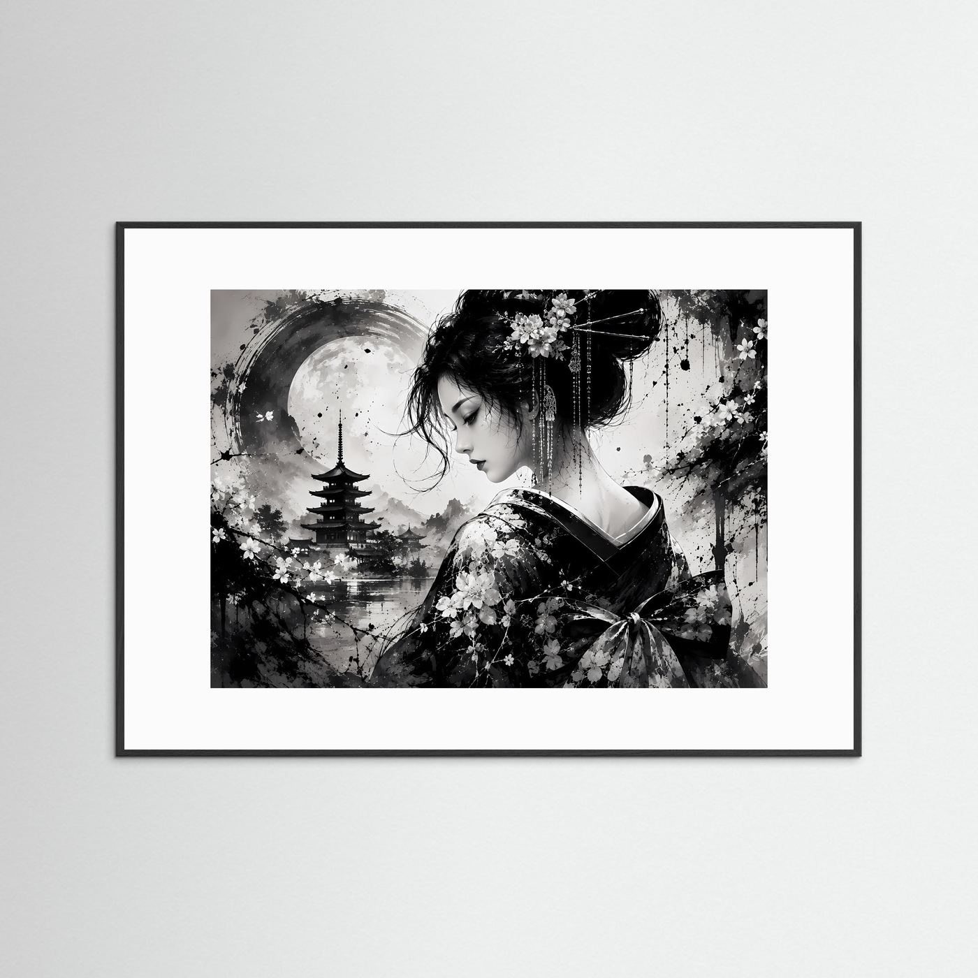 Geisha Poster Schwarz Weiß | Japanische Pagode & Vollmond | Sumi-e Wandbild | Asiatische Zen Kunst | Moderne Japan Wall Art
