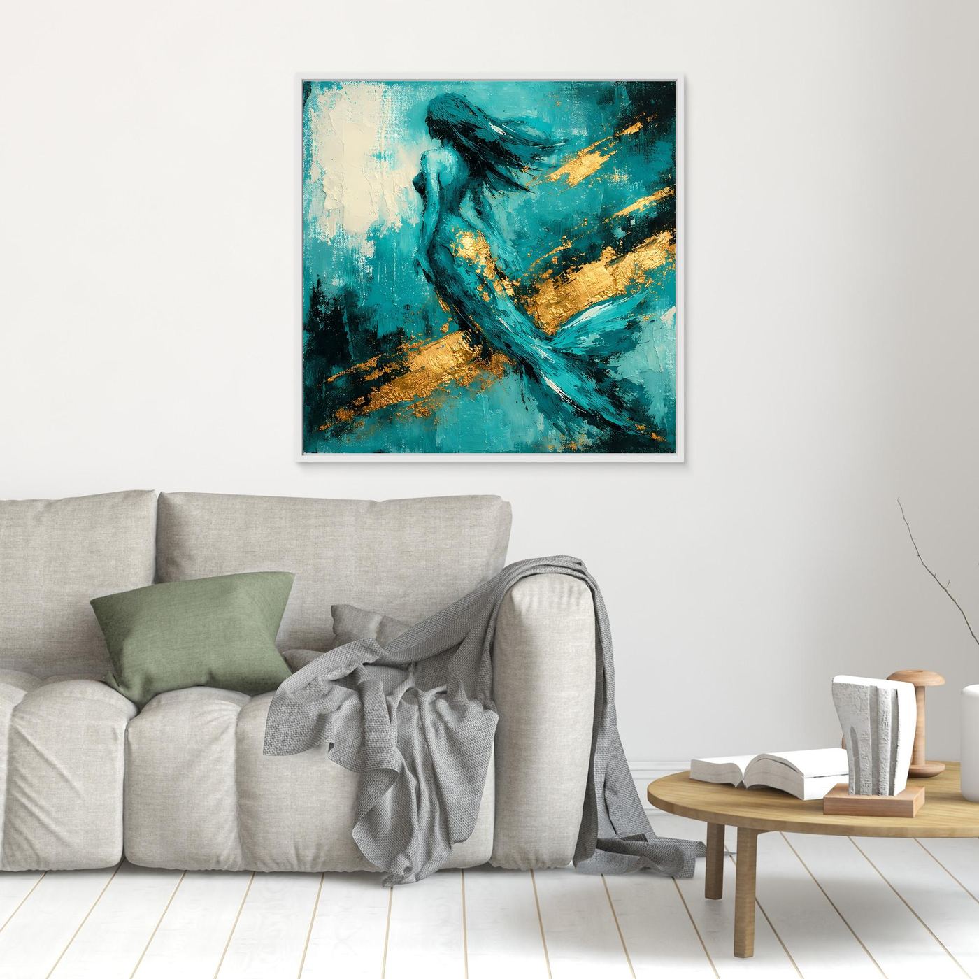 Leinwand Elegante Meerjungfrau in Türkis | Abstraktes Nixen Wandbild Gold Blau