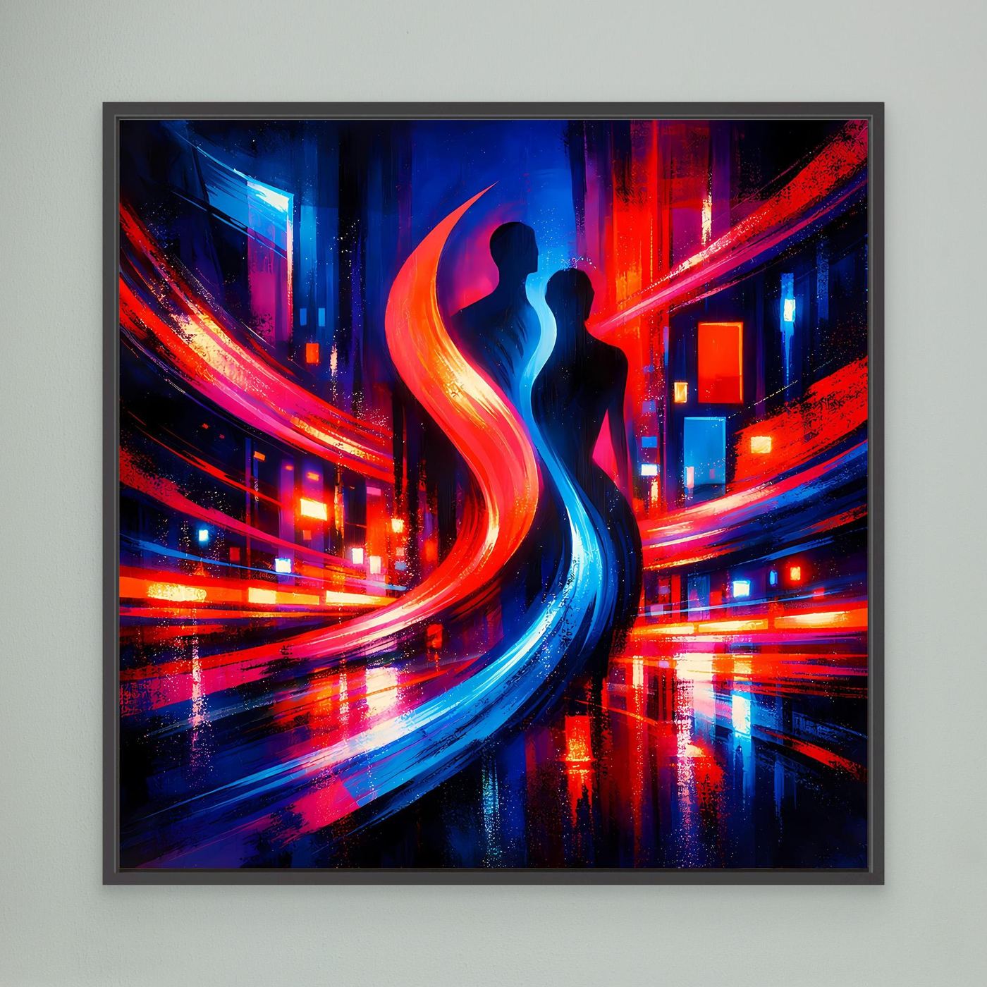 Wandbild mit schwarzem Rahmen, abstraktes Cyberpunk-Paar in Neonfarben