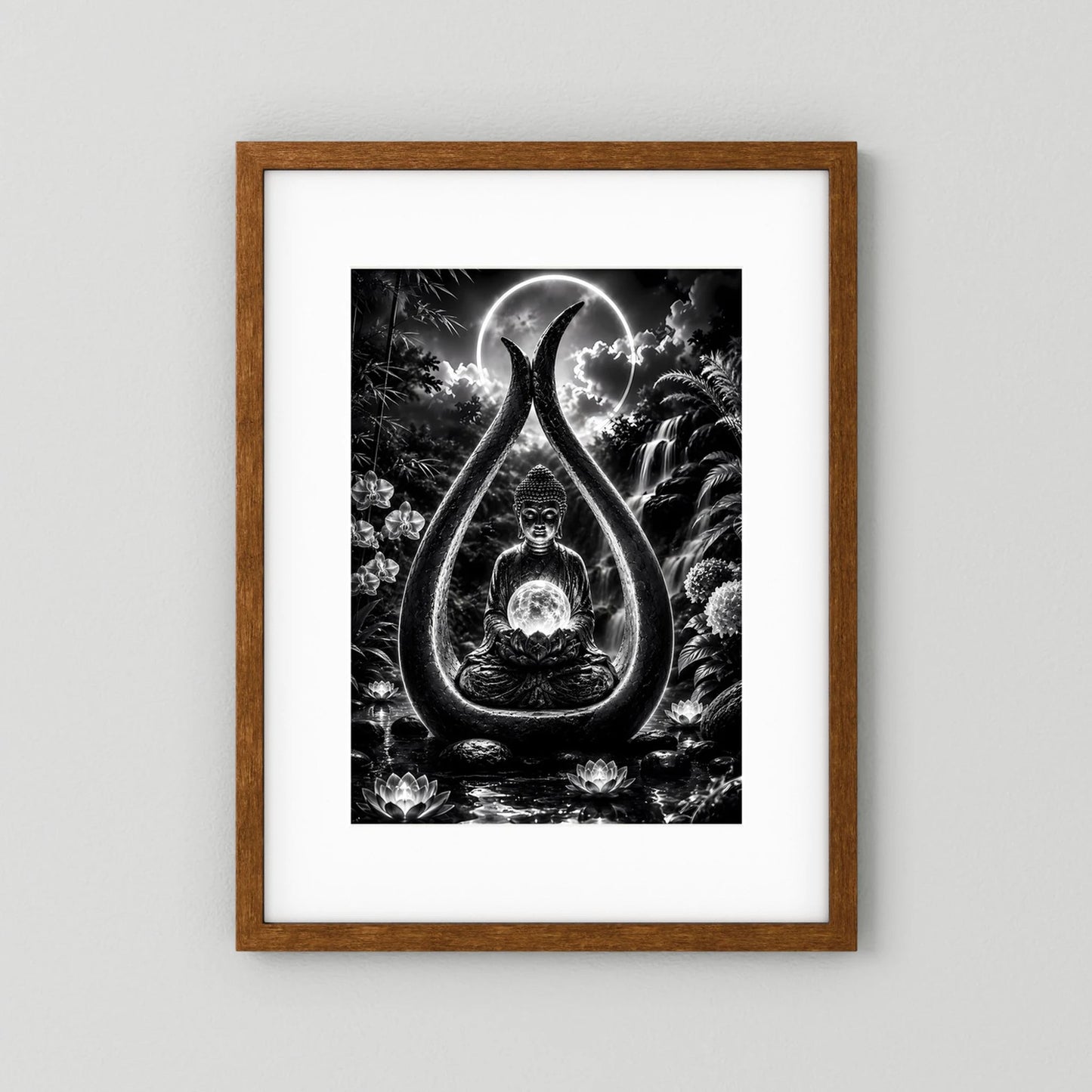 Hochformatiges Zen-Poster mit sitzendem Buddha im Tropfen-Motiv, Schwarzweiß, mit hellem Eichenrahmen.
