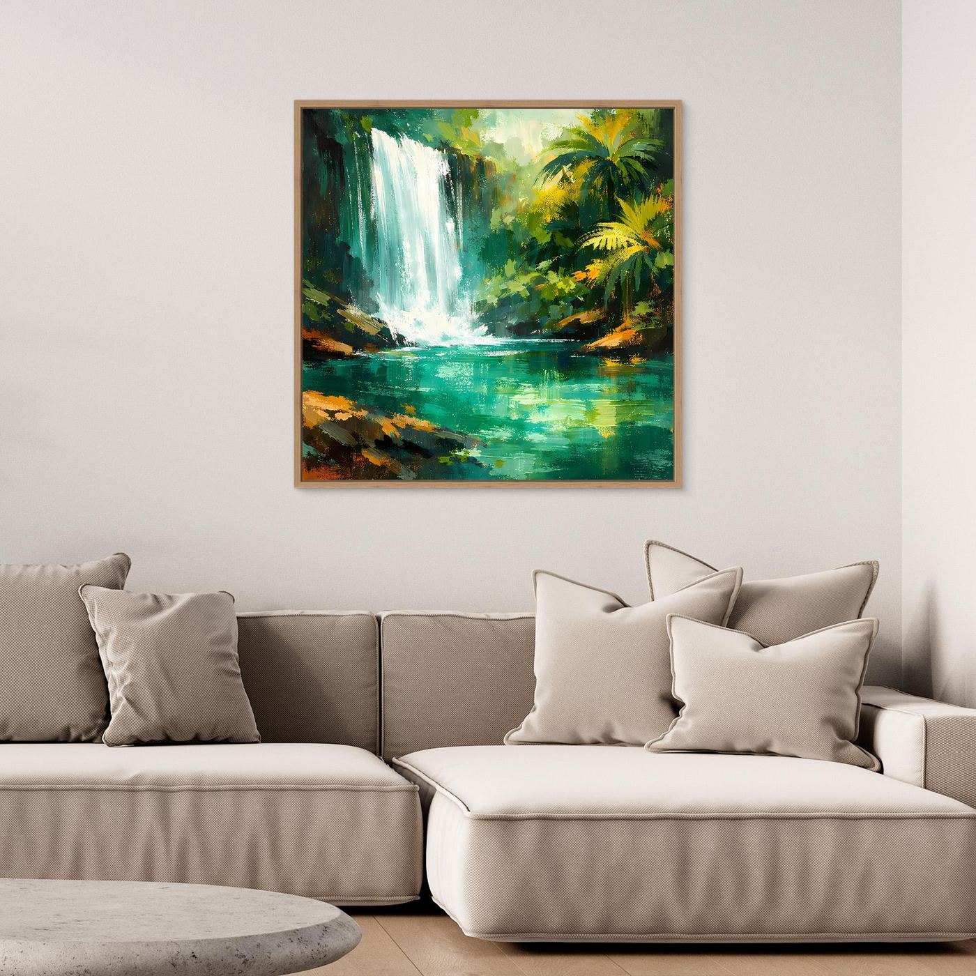 Leinwand Abstraktes Dschungel Wandbild mit Wasserfall | Modernes Natur Kunstwerk Grün