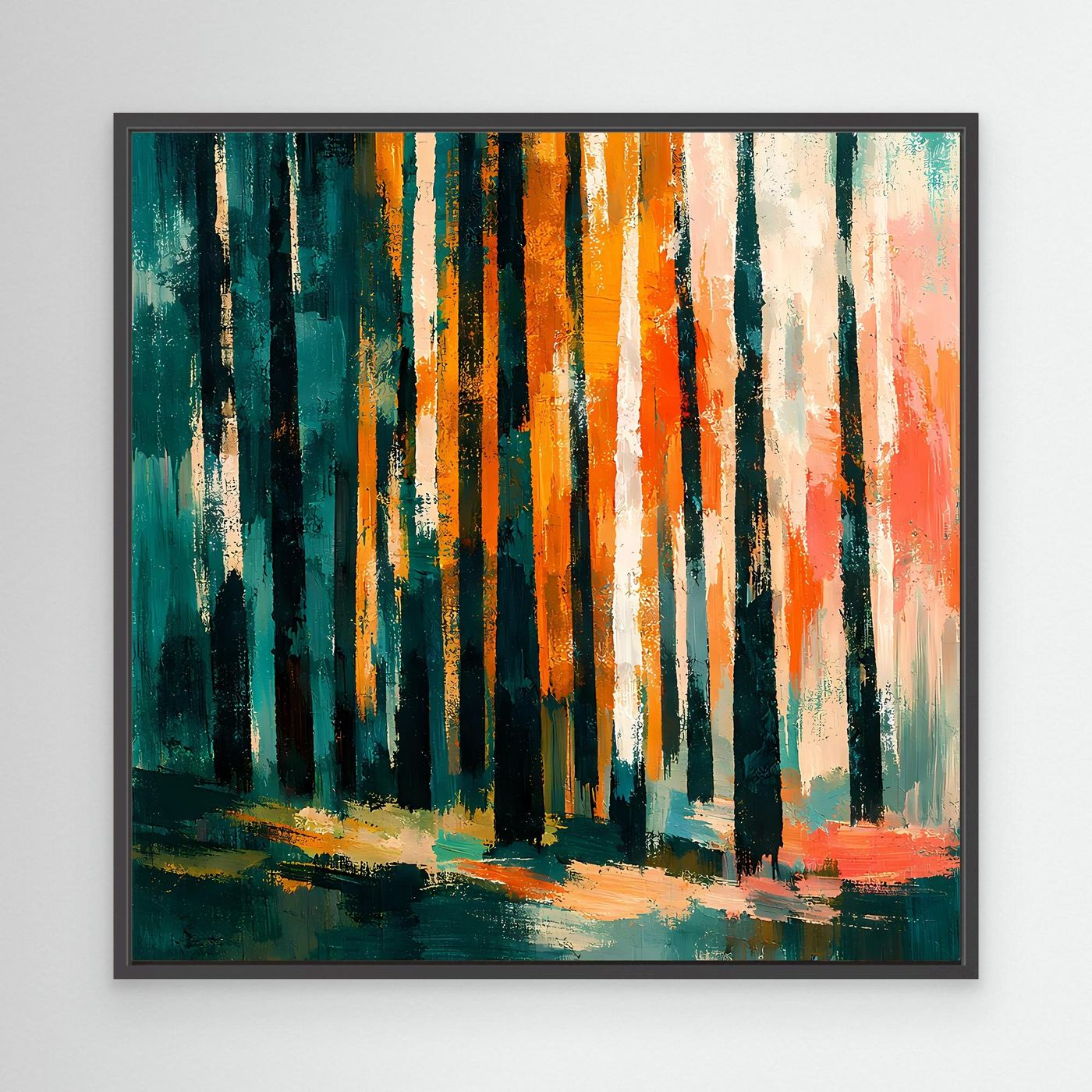Abstraktes Birkenwald-Wandbild mit schwarzem Rahmen, bunte Baumstämme, Herbstfarben