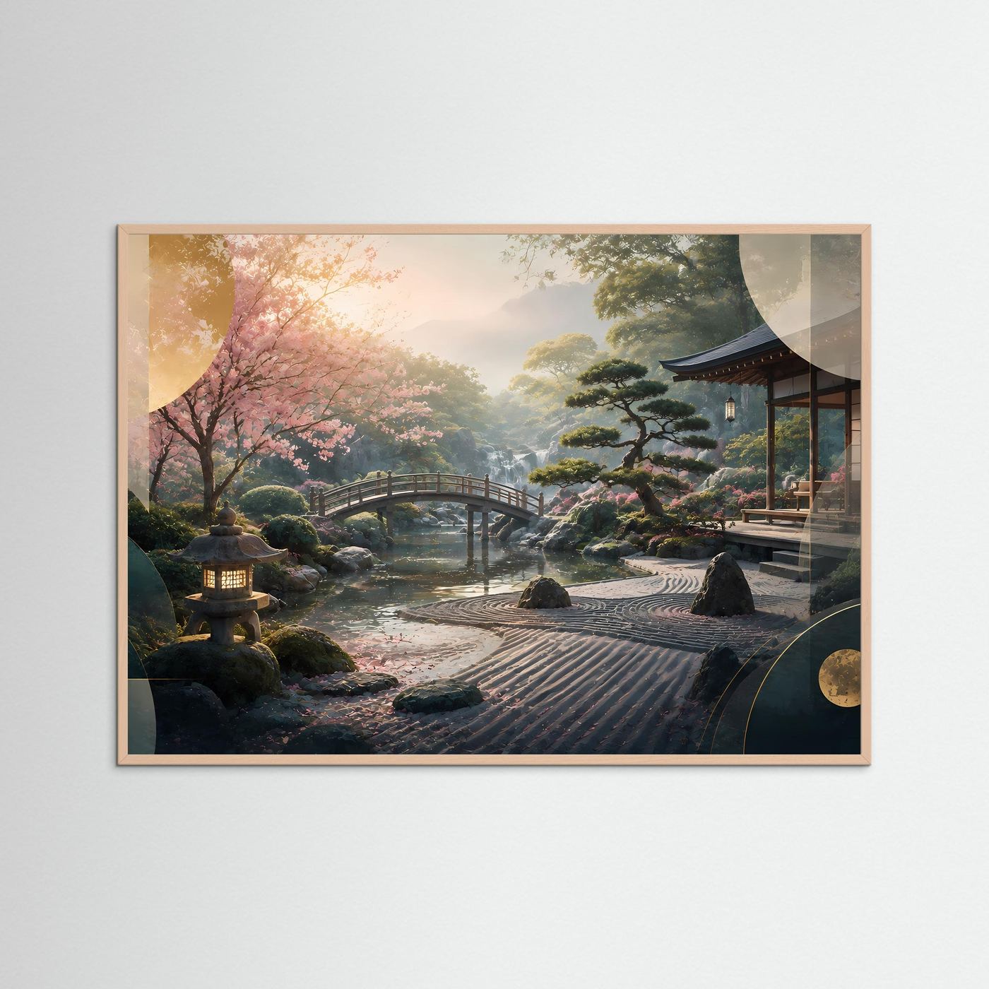 Japanischer Zen Garten Poster Querformat | Kirschblüten, Bonsai & Japanische Brücke | Asiatisches Wandbild in Rosa, Grün & Gold