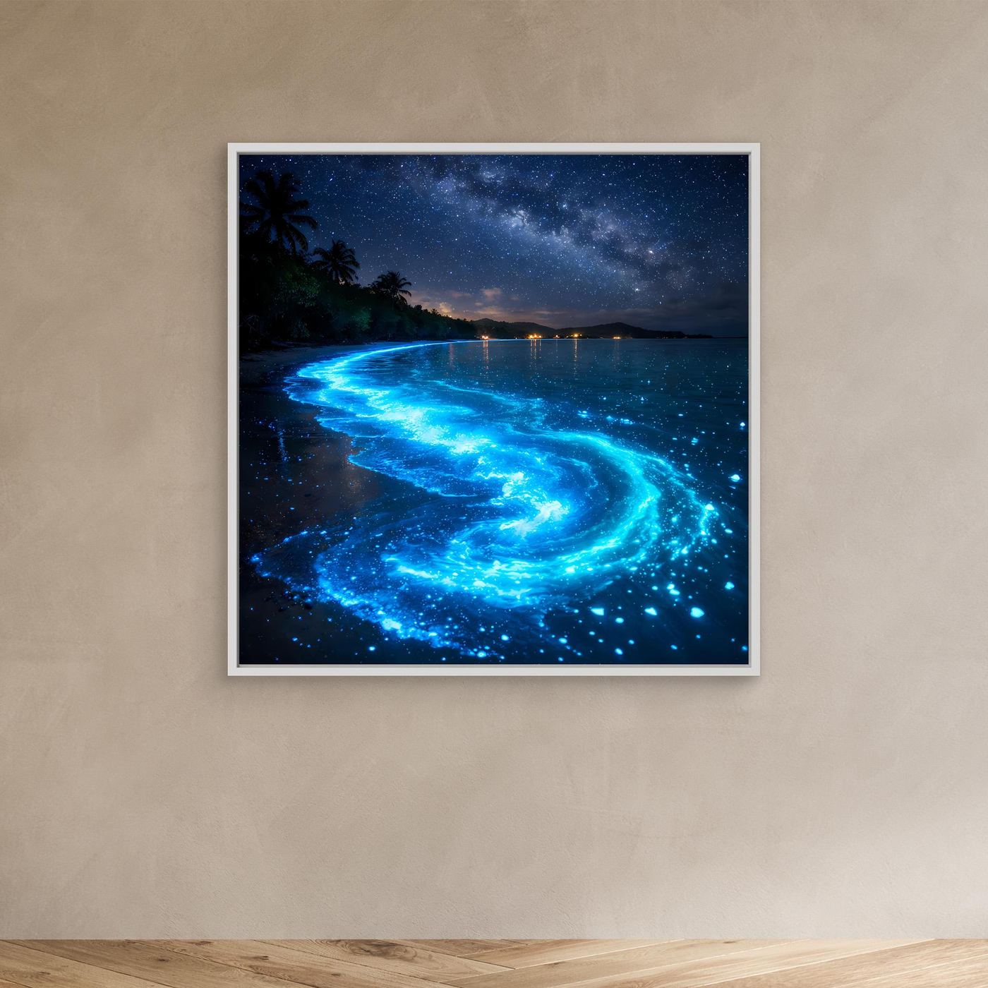 Leinwandbild Leuchtende Bucht mit blauem Biolumineszenz-Strand und weißem Rahmen