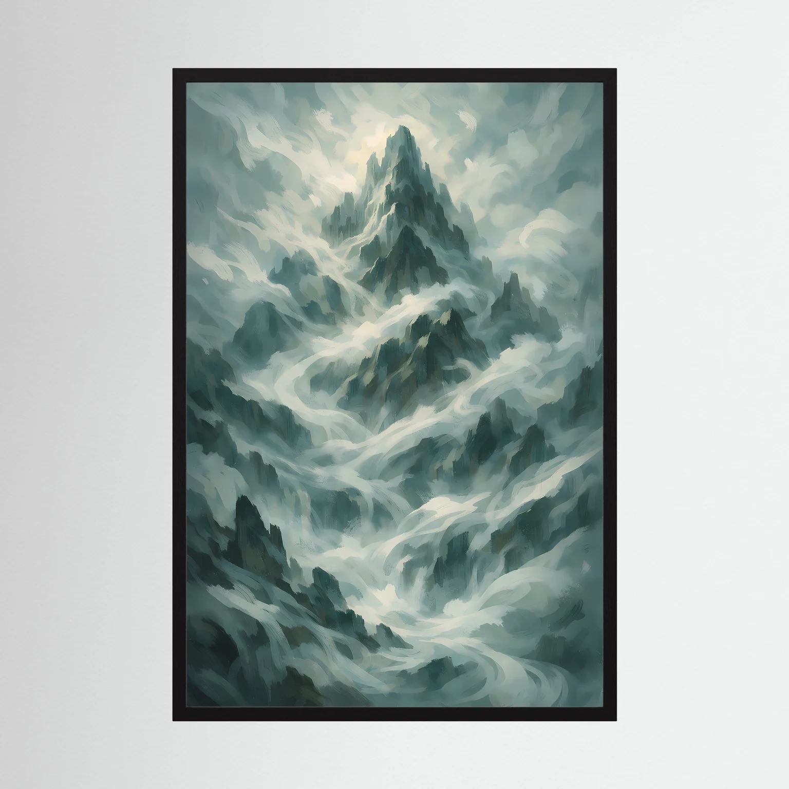 Poster Hochformat: mystische Berglandschaft in Salbeigrün/Grau mit schwarzem Rahmen