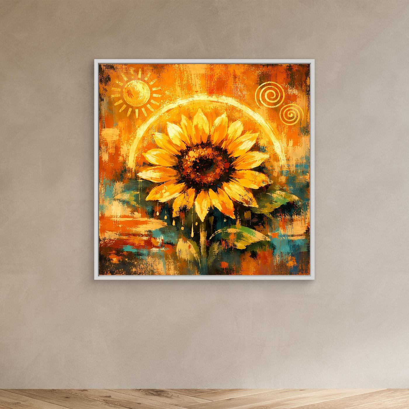 Abstraktes Leinwand-Wandbild mit goldener Sonnenblume und Kreismotiven, weißer Rahmen