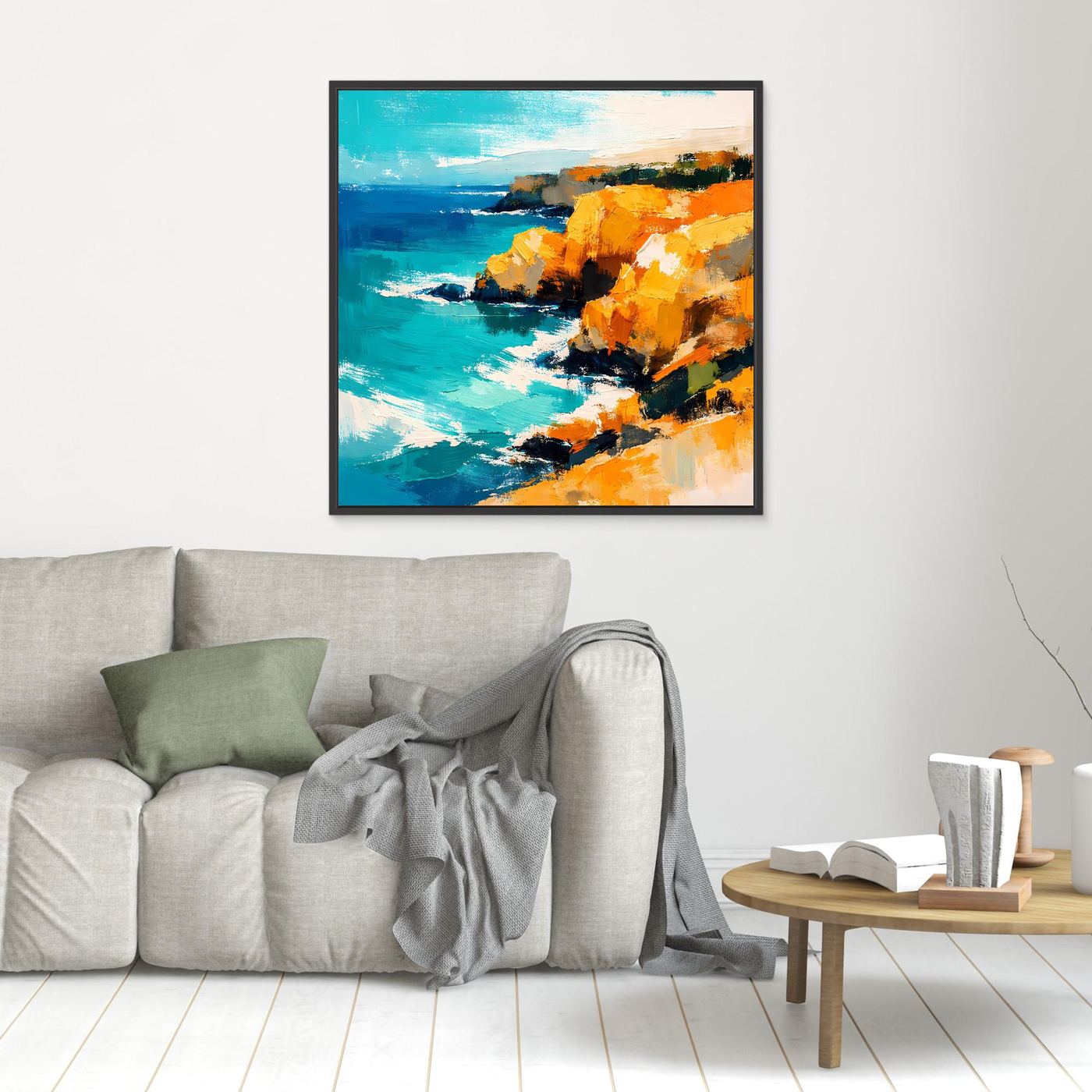 Leinwand Abstraktes Steilküsten Gemälde | Modernes Mediterranes Meeres Wandbild Blau Gelb