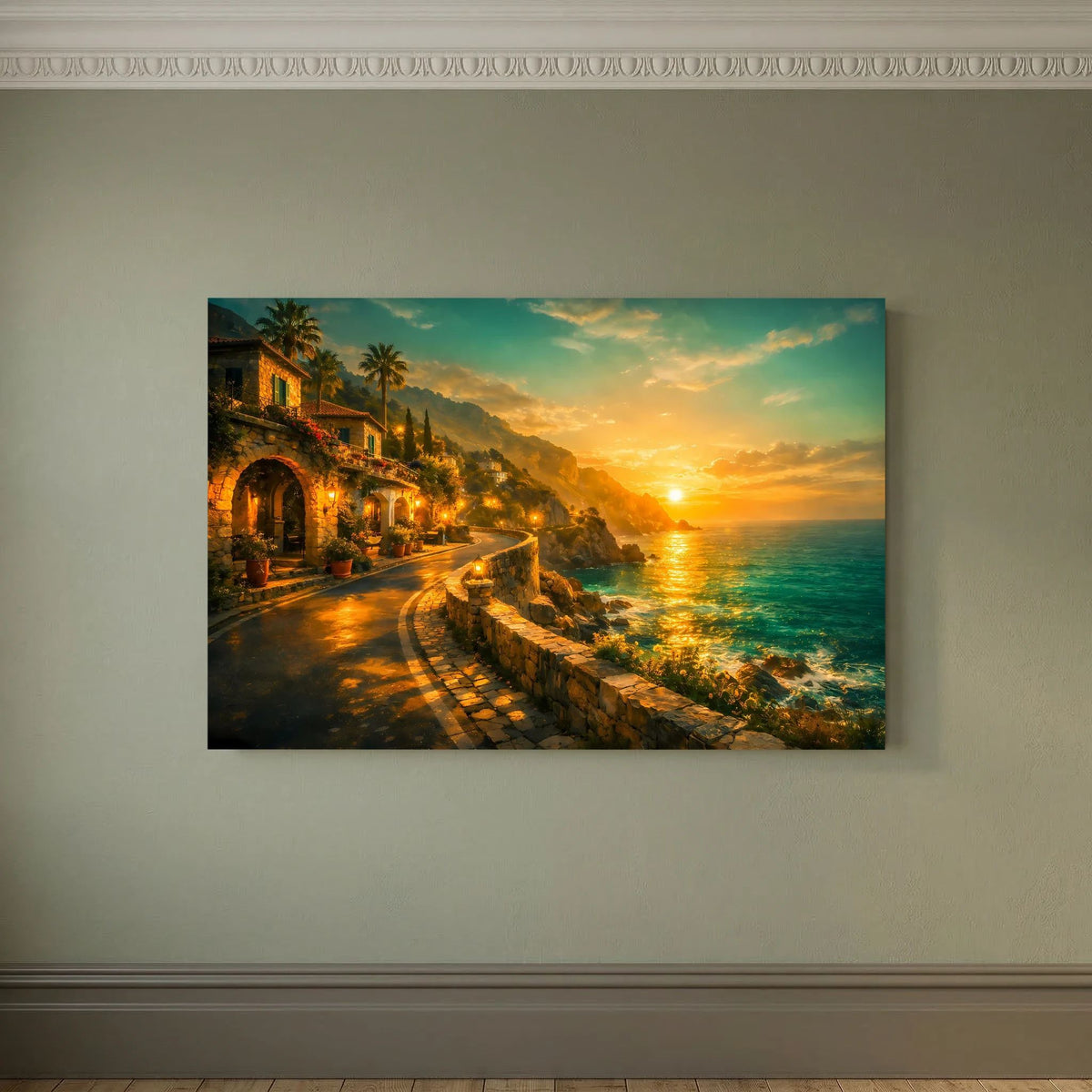 Wandbild im Querformat mit abendlicher Küste und Lichtern entlang der Straße