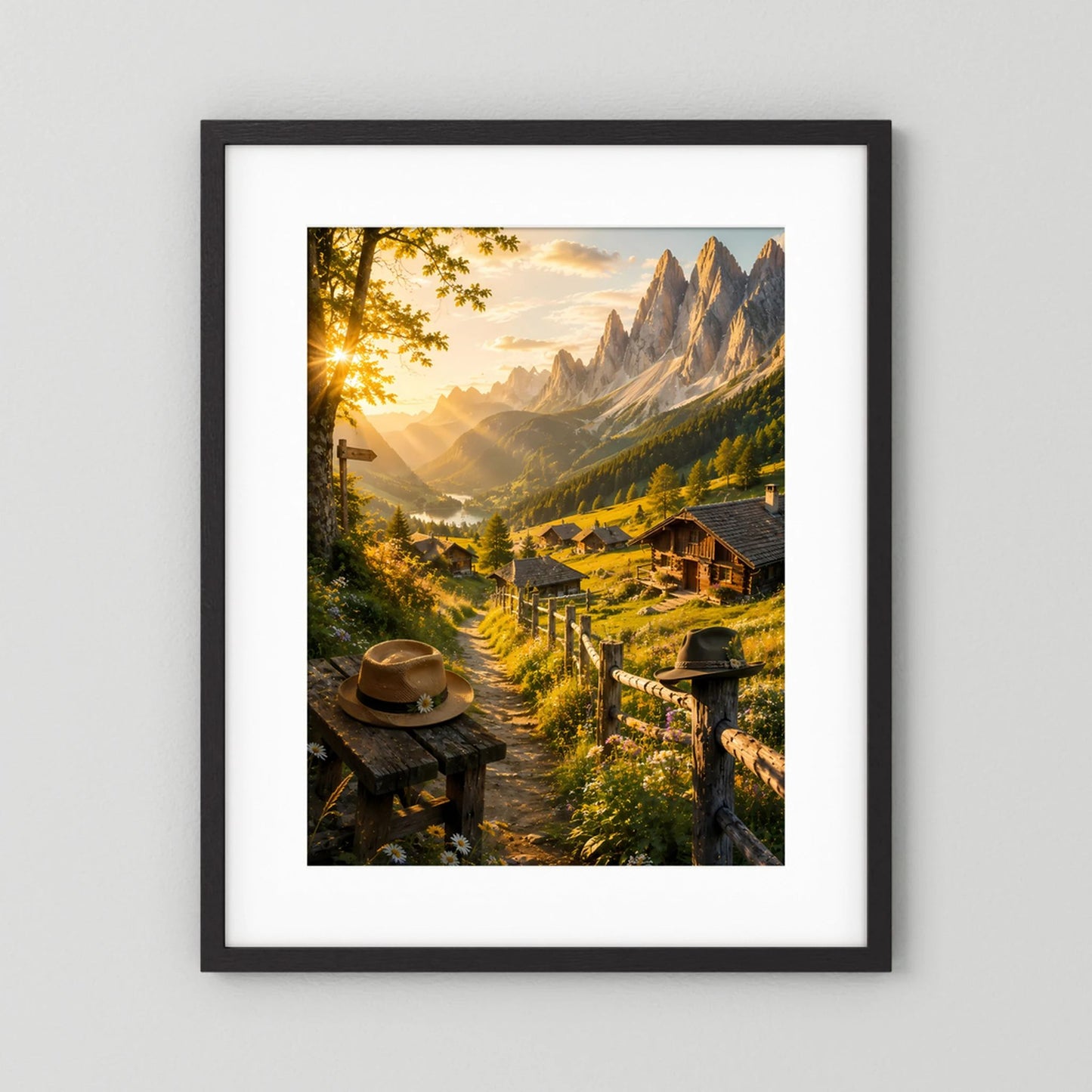 Hochformat-Poster mit schwarzem Rahmen und weißem Passepartout: Alpenlandschaft mit Gipfeln