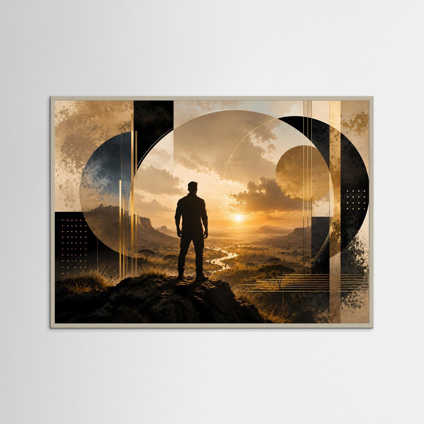 Poster im Querformat mit braunem Rahmen, Silhouette eines Mannes vor goldener Sonne