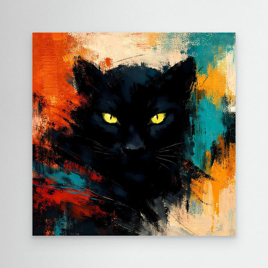Leinwandbild: schwarzer Pantherkopf mit gelben Augen, abstrakte Farbspritzer in Orange/Blau