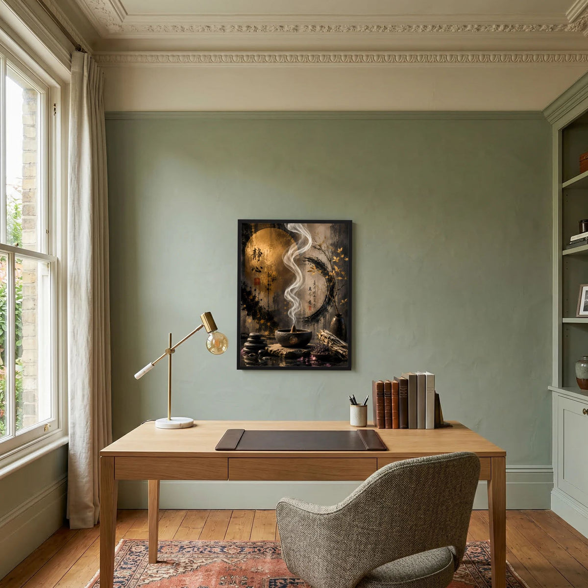 Zwecks Zen-Poster im schwarzen Rahmen: goldenes Motiv mit Rauch und Kerzenhalter