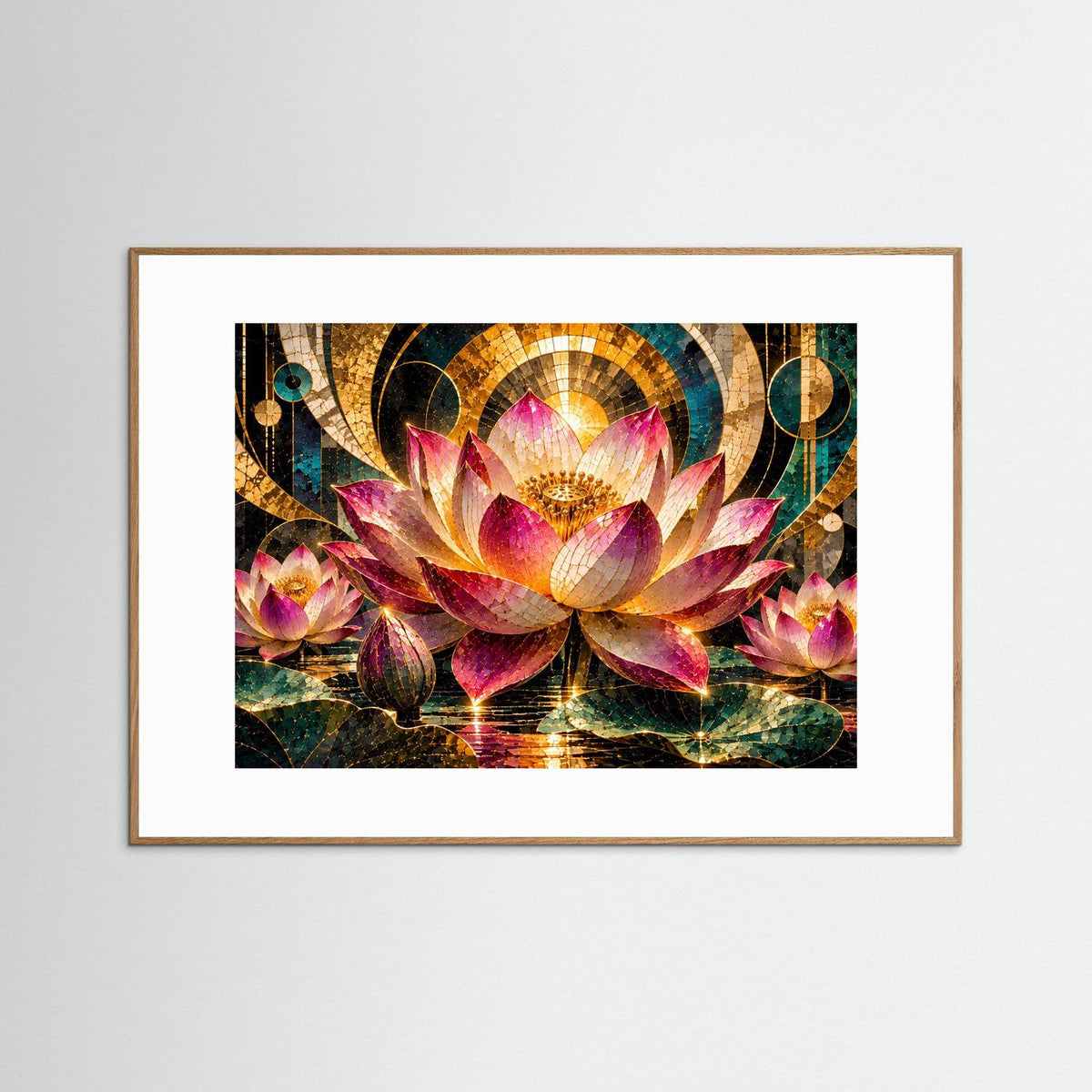 Querformat-Poster mit Lotusblüten im Mosaikstil, Pink/Gold/Türkis, hellbraun gerahmt
