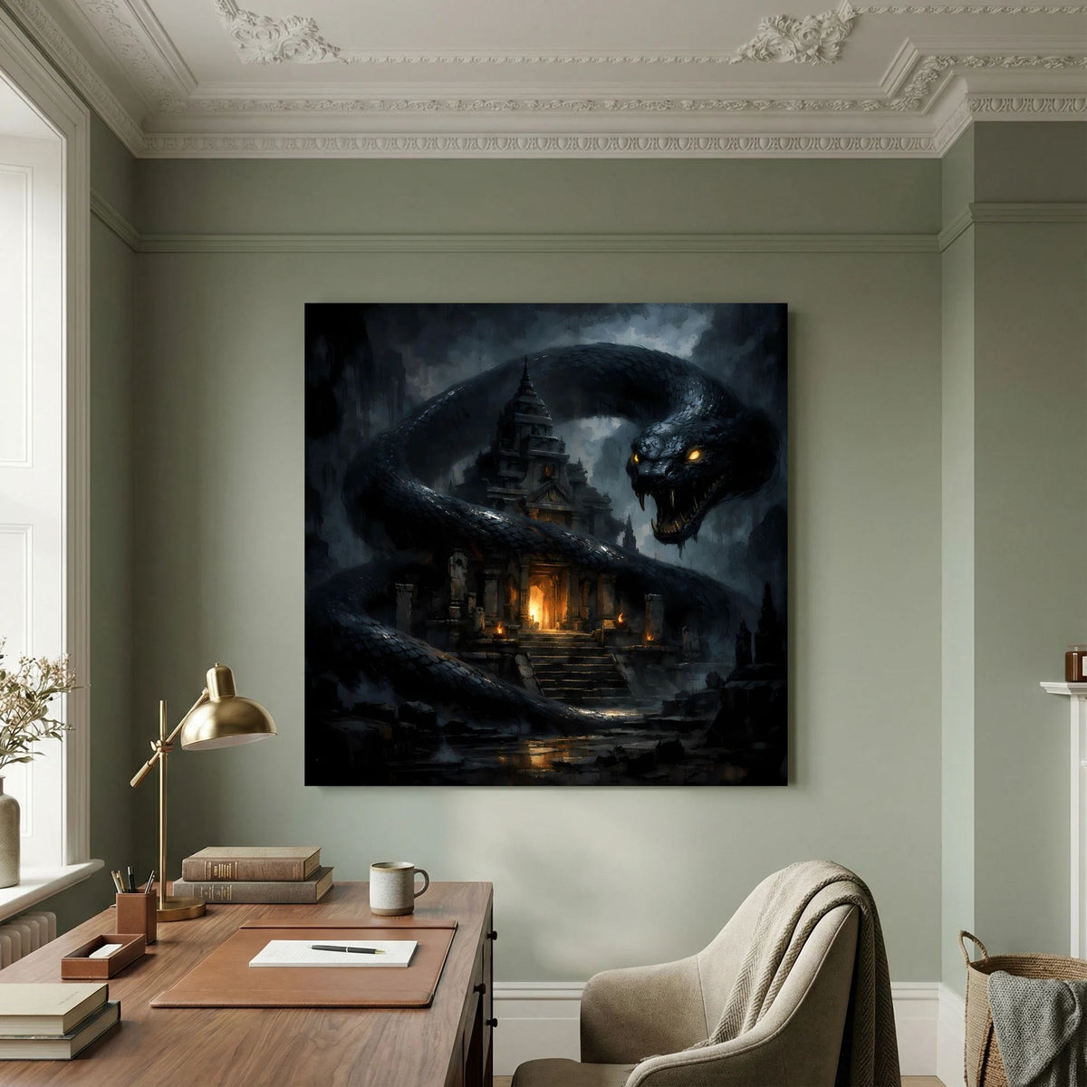 Leinwand-Wandbild mit Riesenschlange, düsterem Tempel und leuchtenden Augen