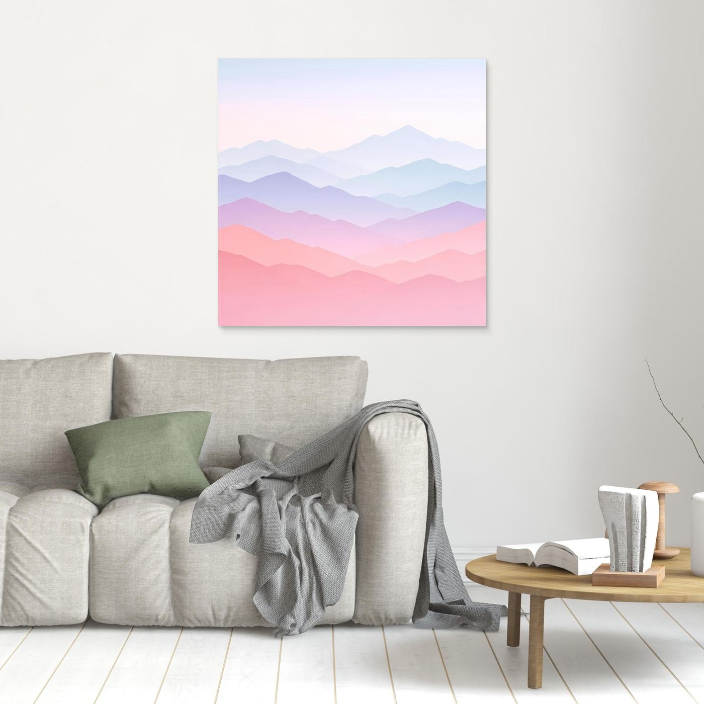 Leinwandbild mit weißem Rahmen, Pastellberge im Minimalstil