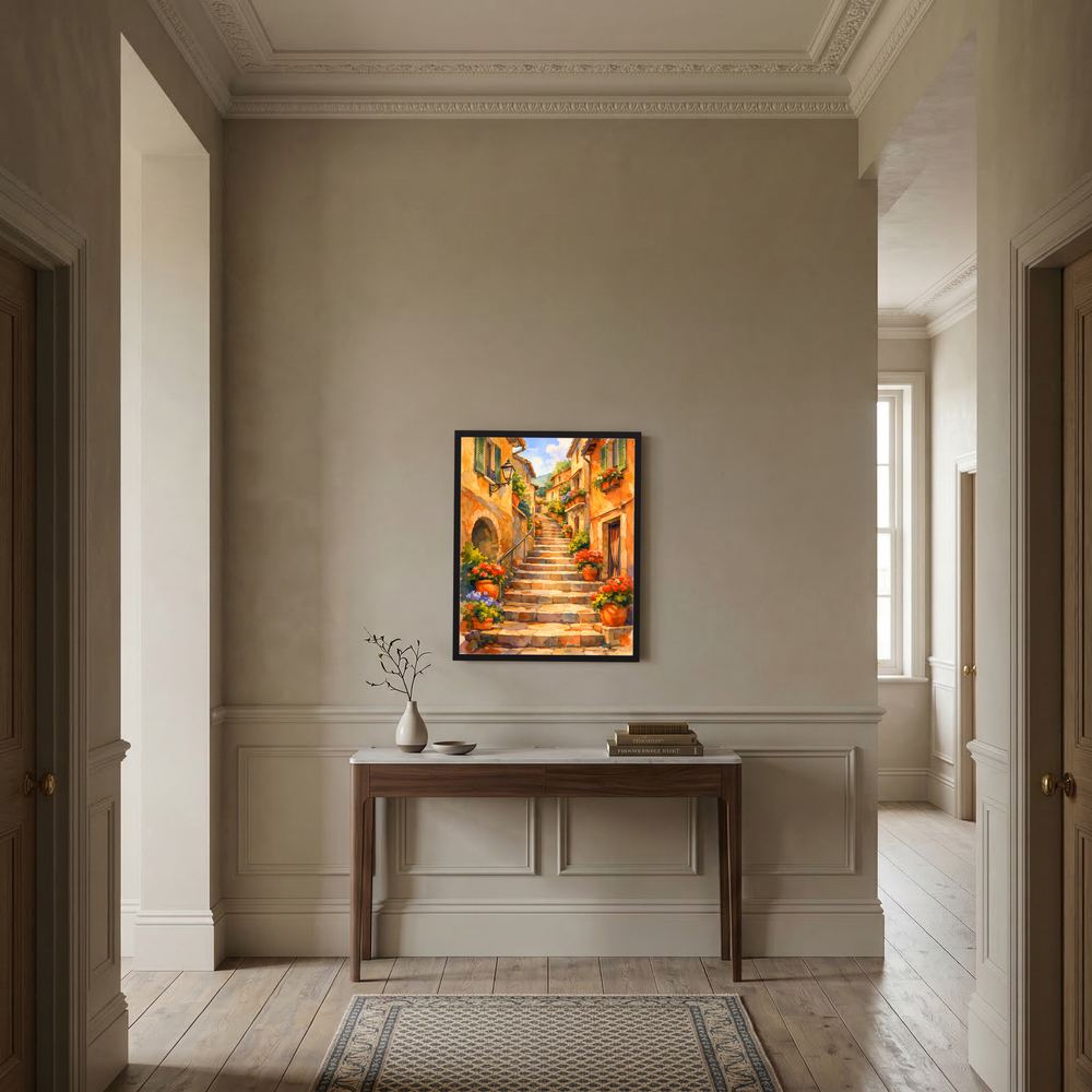 Wandbild Hochformat mit Treppengasse und Blumen in Töpfen an klassischer Wandnische