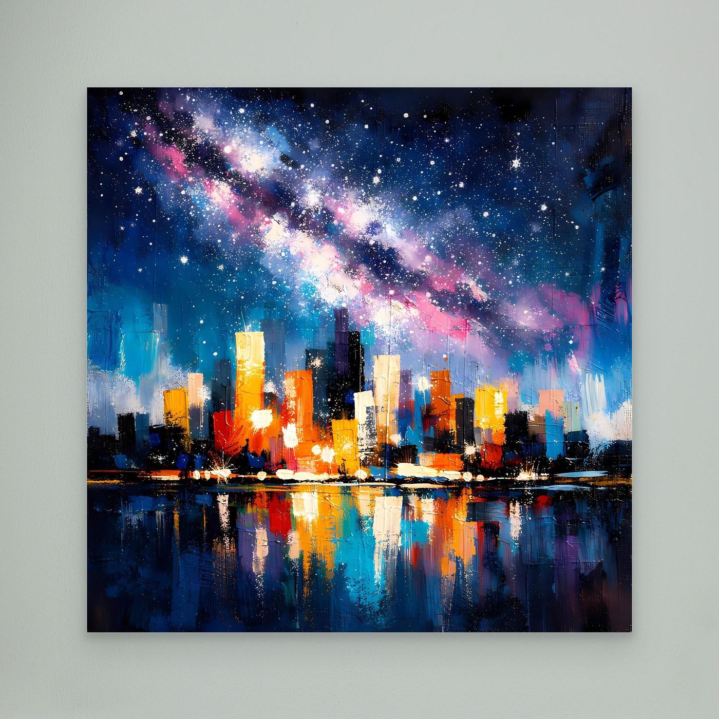 Starry city skyline wall canvas art with neon reflections across dark water