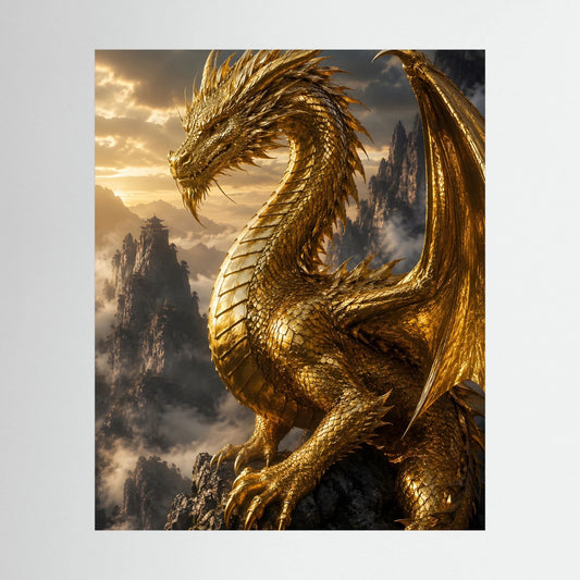 Hochformatiges Kunstposter mit goldenem Fantasy-Drache in Schuppenoptik und Flügeln