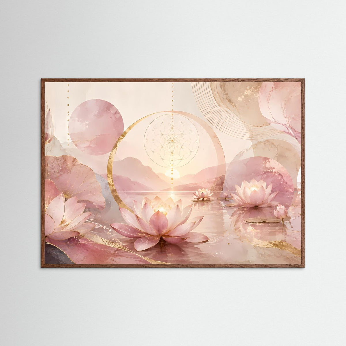 Querformat-Poster im dunklen Holrahmen mit Lotusblüten in Rosa und Gold, Kreissymbol