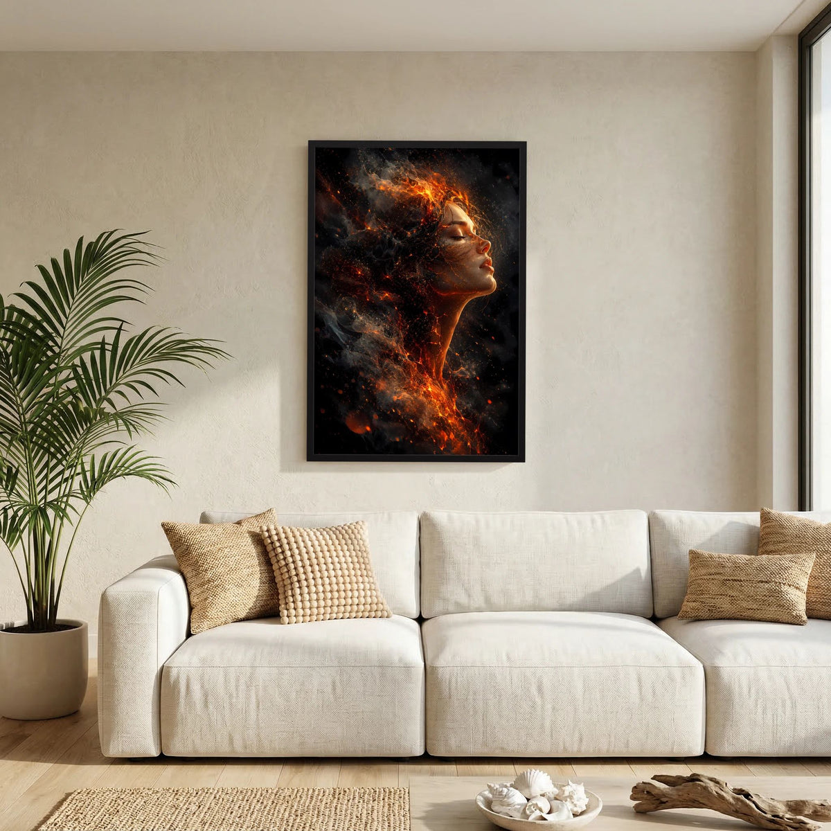 Hochformat-Poster mit Frauenporträt aus Flammen und Glut, schwarzer Rahmen an Wand