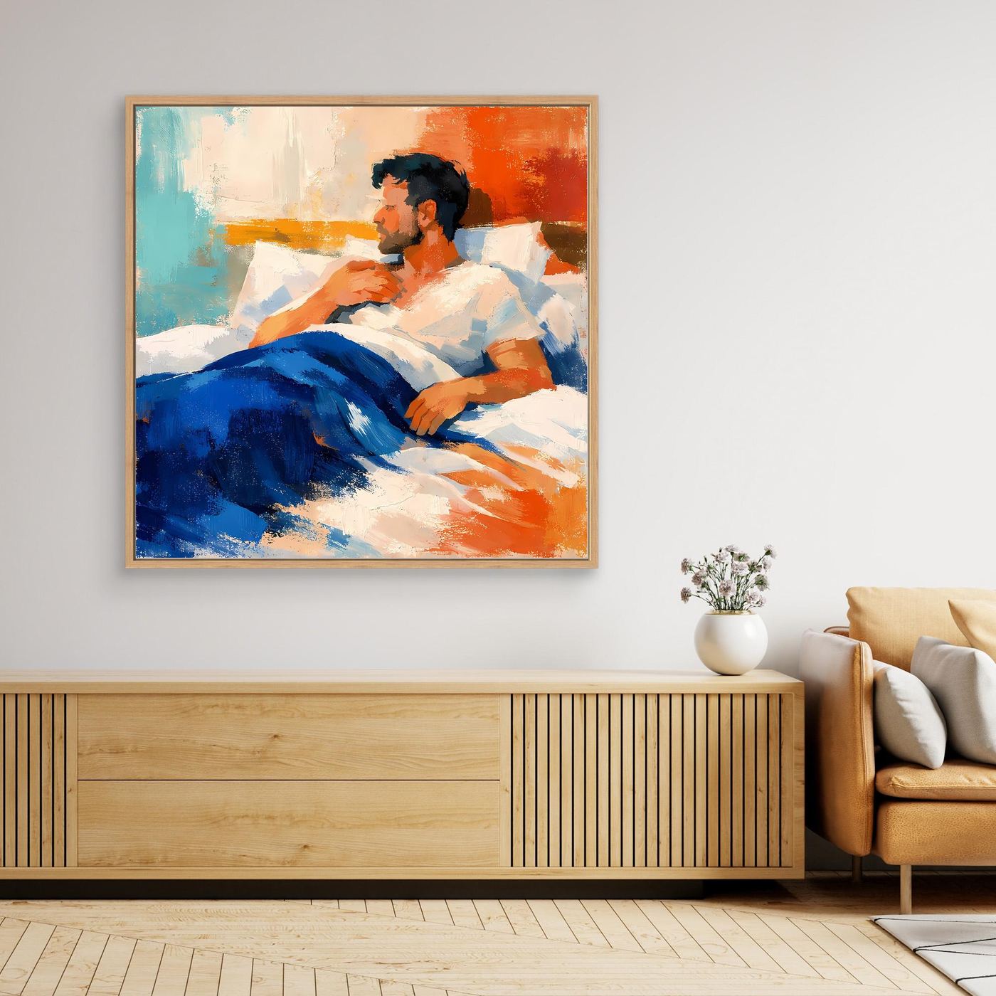 Gerahmtes Leinwand-Wandbild im Holzrahmen, abstrakter Mann im Liegen, blau-weiße Decke