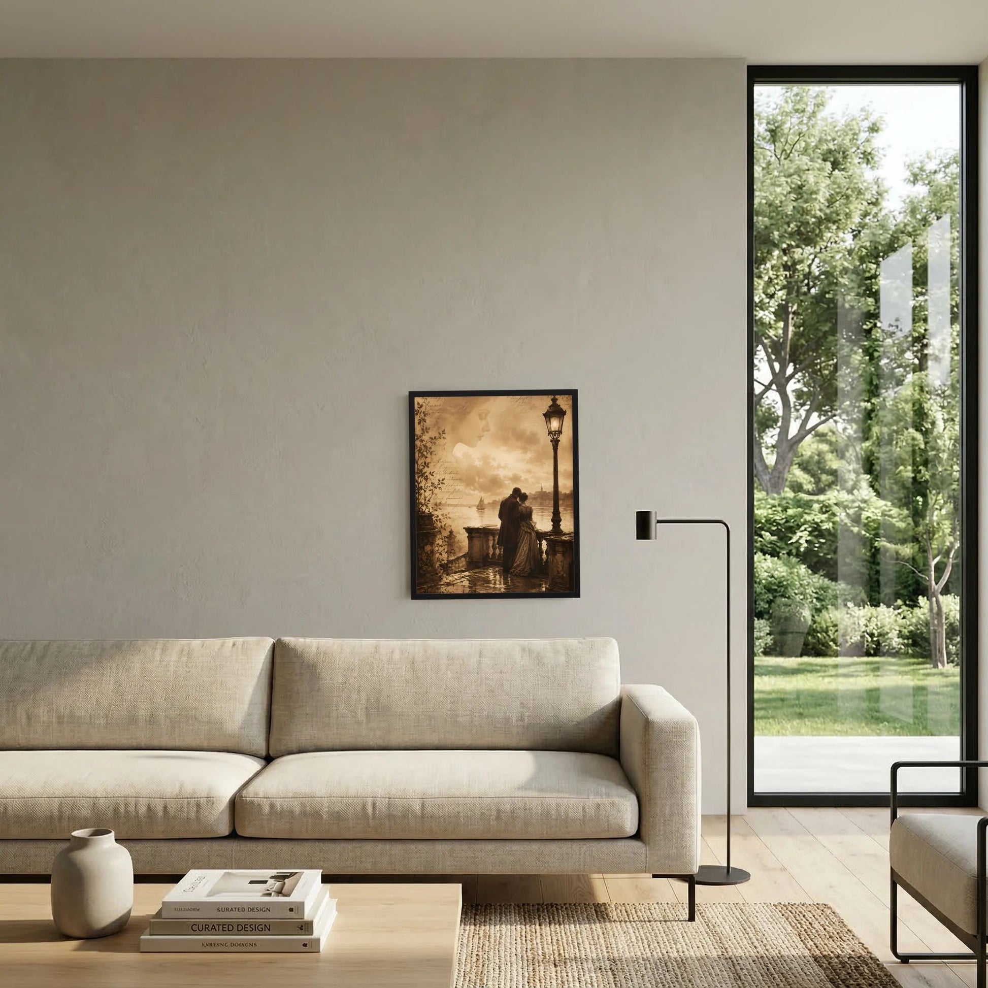 Gerahmtes Poster an der Wand: sepia Illustration mit Paar, Laterne und Wasser