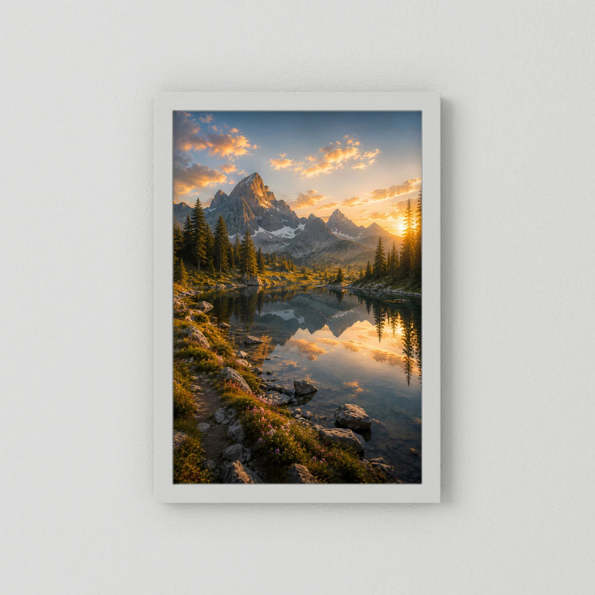 Bergsee bei Sonnenuntergang | Alpenpanorama mit Wasserspiegelung | Poster Hochformat