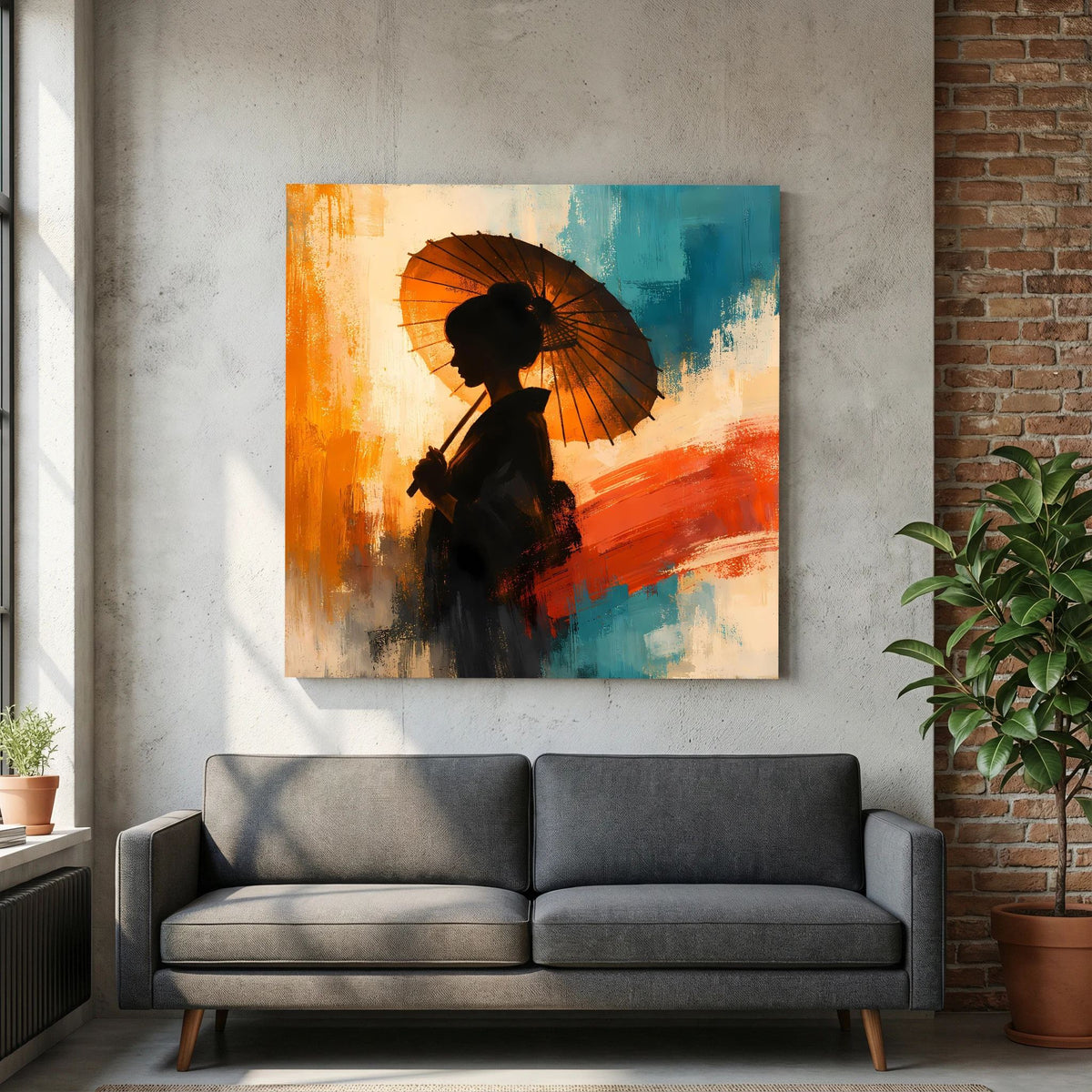 Wandbild auf Keilrahmen: Frauensilhouette mit schwarzem Sonnenschirm, abstrakte Orange-Blau-Flächen