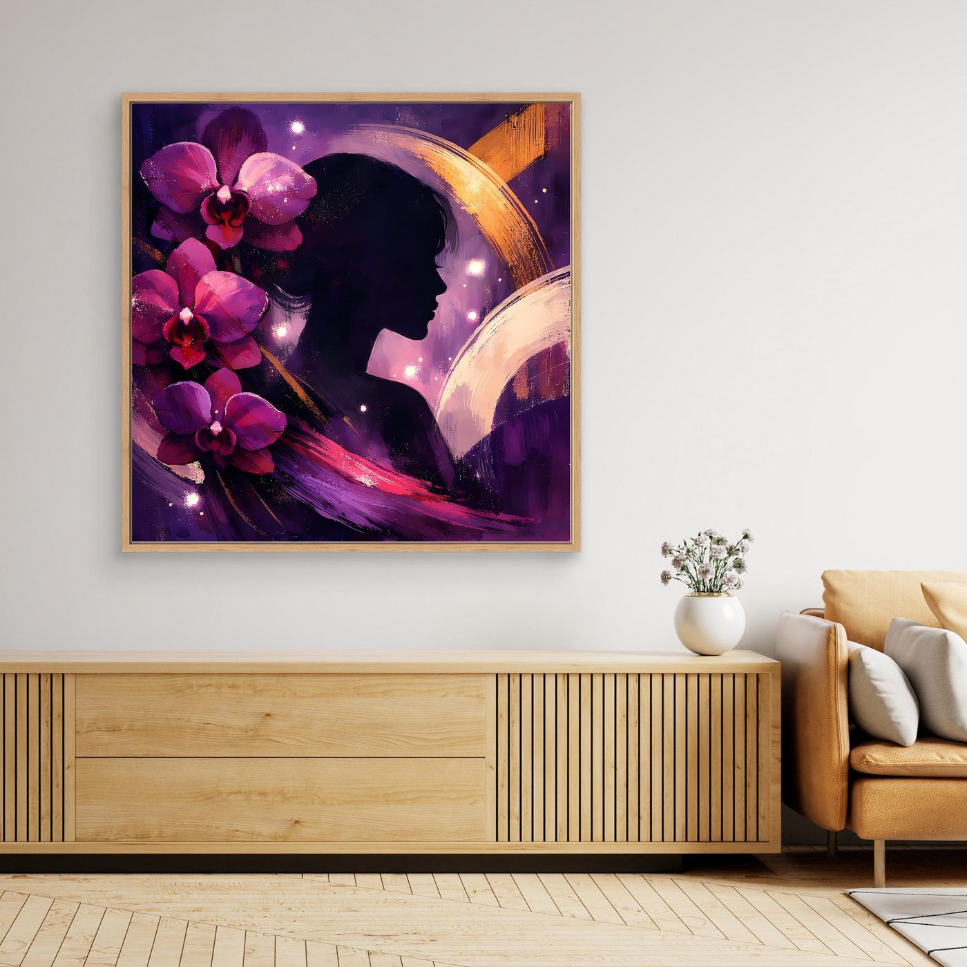 Leinwandbild mit goldfarbenem Rahmen: abstrakte Silhouette, violette Blüten und Goldbogen