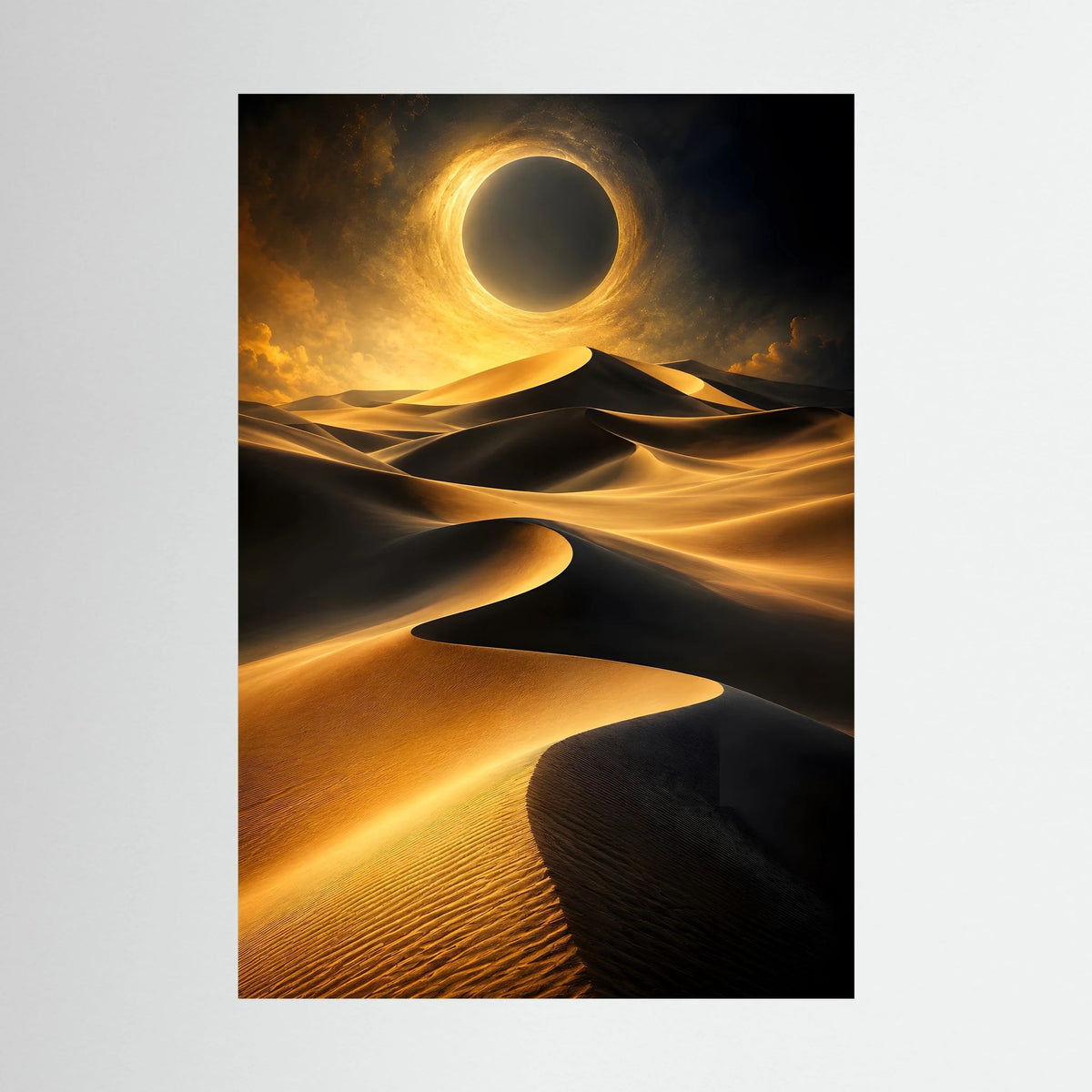 Kunstposter im Hochformat: goldene Sonnenfinsternis über dunklen Wüstendünen