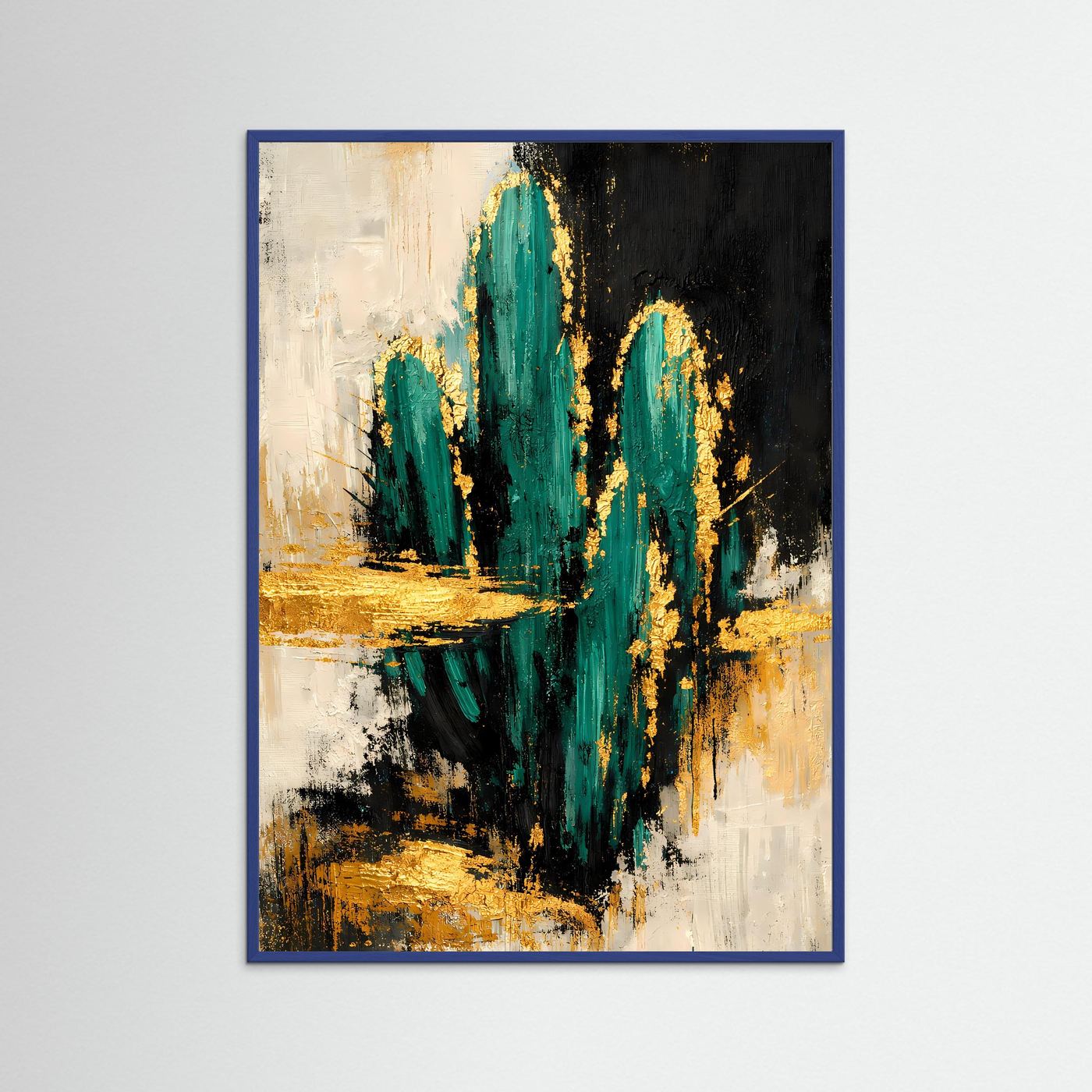 Abstraktes Poster mit smaragdgrünen Kaktusformen, creme & gold, im blauem Rahmen