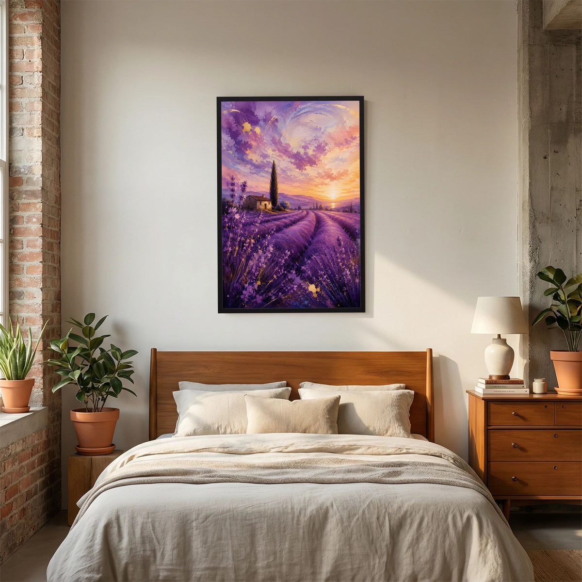 Hochformat-Poster mit violetter Lavendel-Landschaft und untergehender Sonne, schwarzer Rahmen.