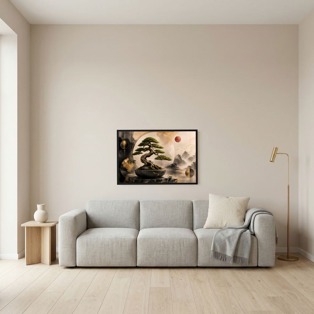 Kleines gerahmtes Bonsai-Poster an der Wand, Schwarz-und-Gold-Illustration mit rundem Motiv.