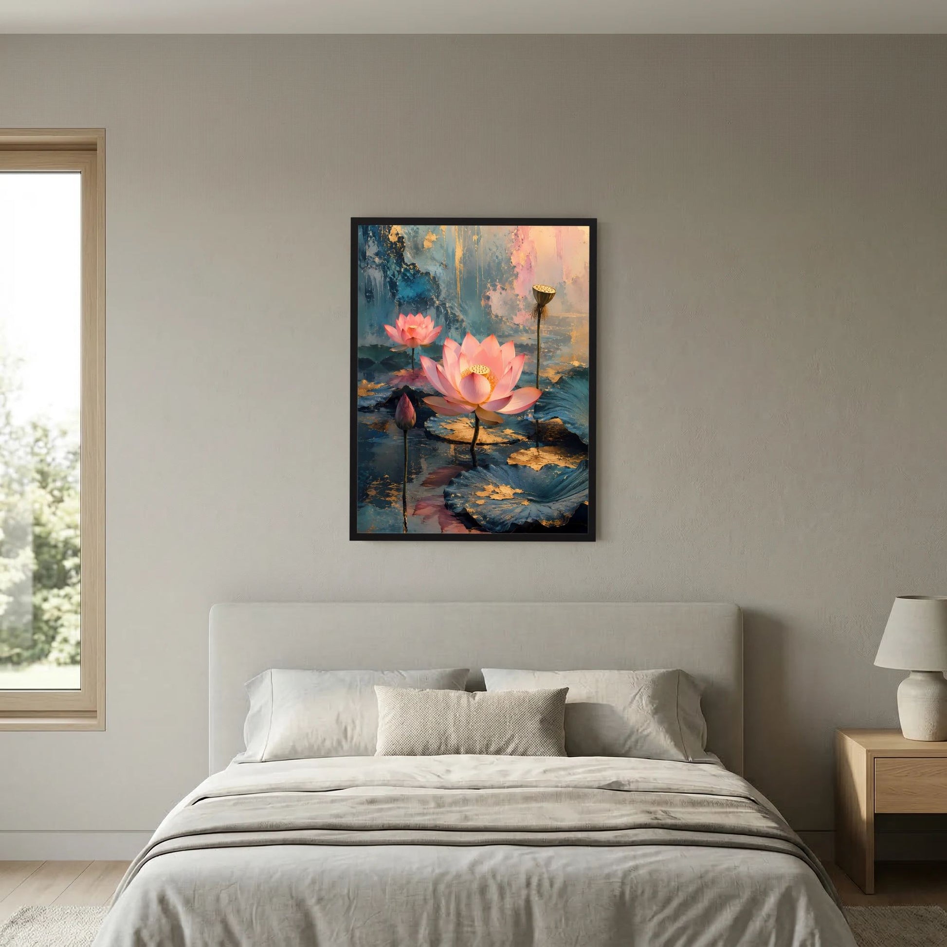 Gerahmtes Wandposter: rosa Lotusblüten auf türkisfarbenem Wasser mit goldfarbenen Akzenten