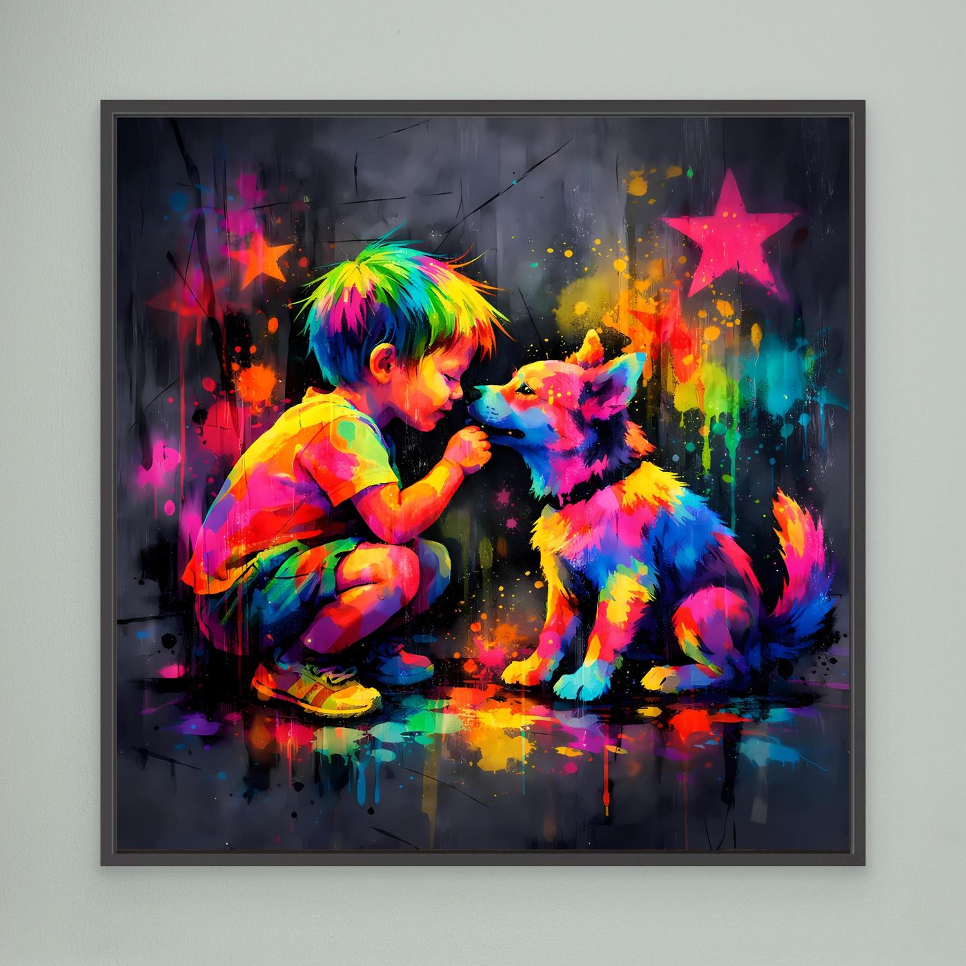 Gerahmtes Leinwandbild: buntes Graffiti-Motiv mit Kind und Hund, umrandet von Sternen