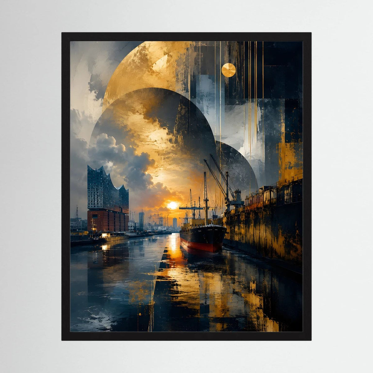 Gerahmtes Poster im Hochformat mit gold-dunkelblauer Hafen-Abstraktion und Sonnenuntergang