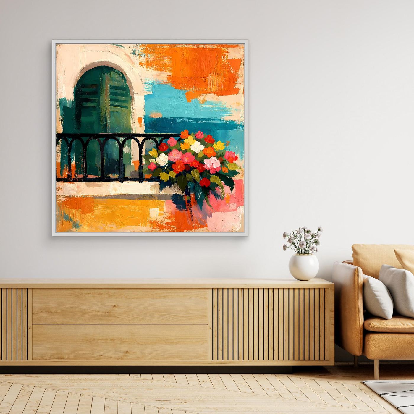 Framed abstract canvas wall art with arch and bouquet; orange, teal, white, white frame