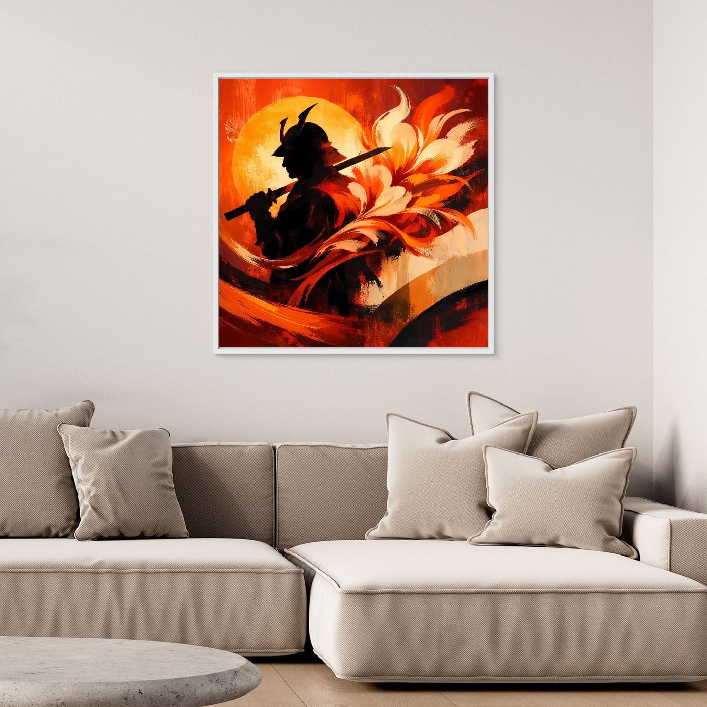 Leinwand-Wandbild mit Samurai-Silhouette, gespanntem Schwert und orange-weißen Blütenwirbeln