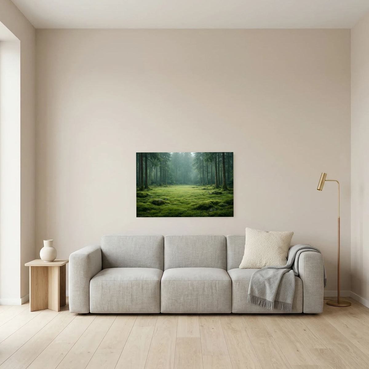 Wandbild Querformat mit Waldweg im Nebel und Moospolstern; dominantes Grün im Motiv.