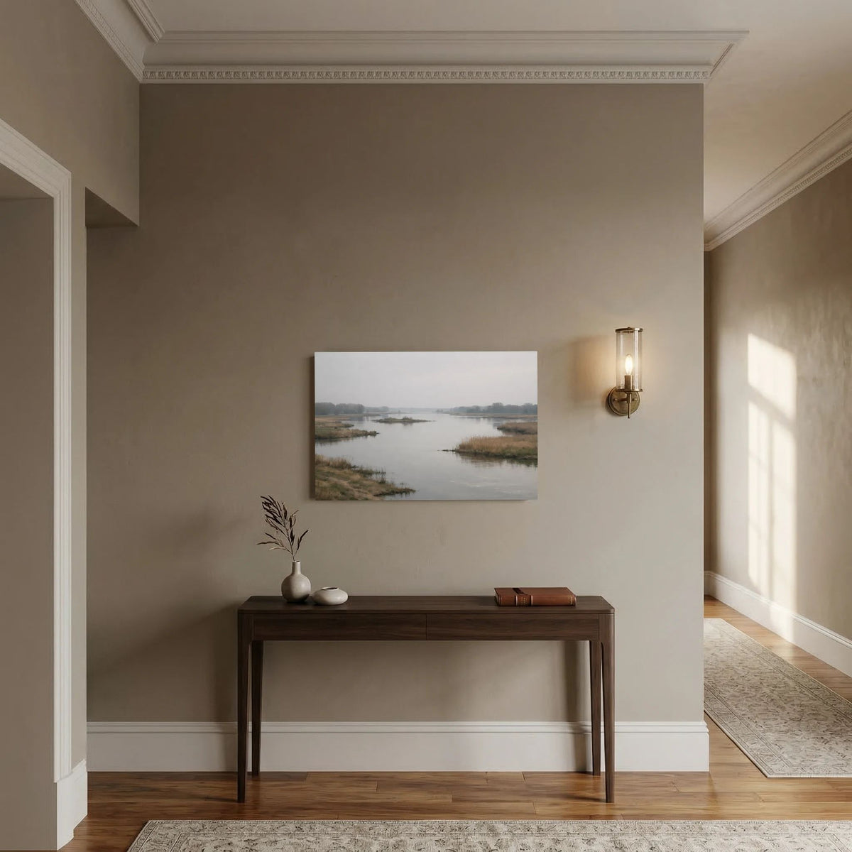 Wandbild-Poster mit Flusslandschaft im Morgennebel, Querformat
