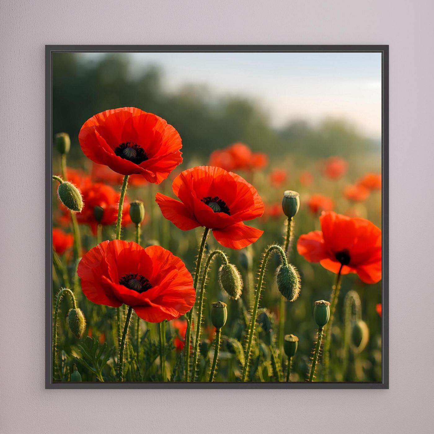 Wandbild mit rotem Klatschmohn auf grünem Feld, schwarzer Rahmen